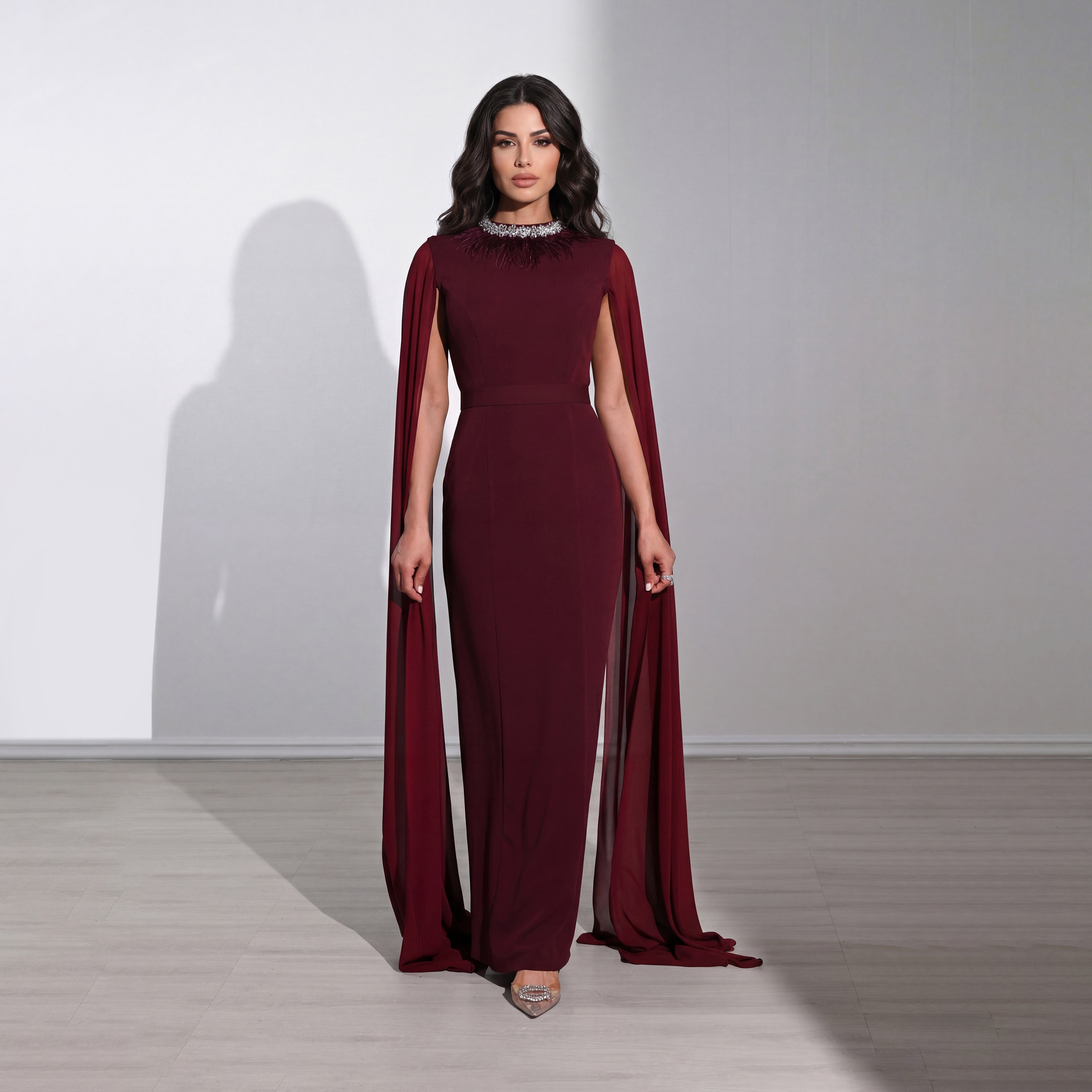 Akadia Crystal Crepe High Neck Cape Sleeves Column Women's Maxi Evening Dress-women-clothing-dresses-image-4