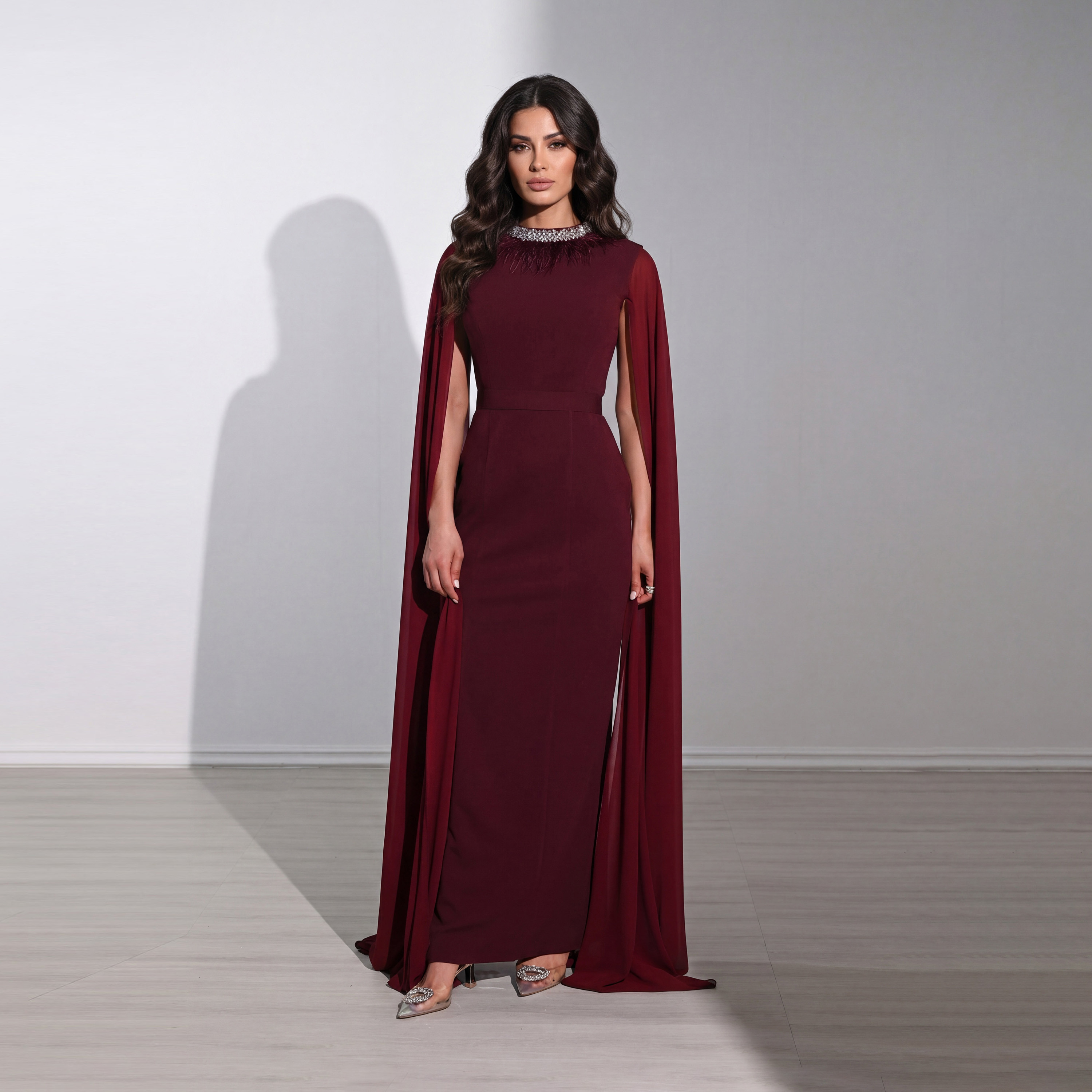 Akadia Crystal Crepe High Neck Cape Sleeves Column Women's Maxi Evening Dress-women-clothing-dresses-image-5