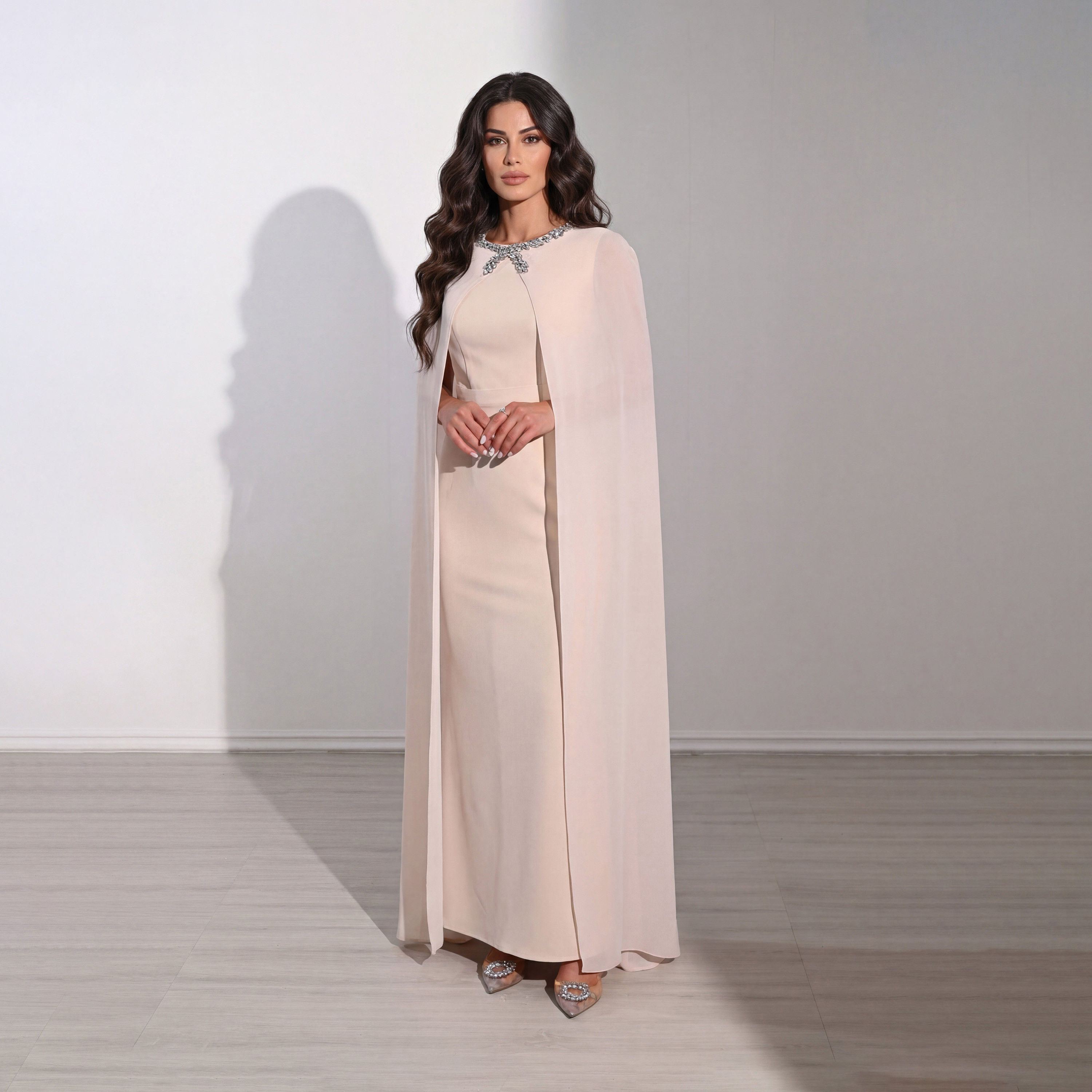 فستان سهرة ماكسي نسائي بتصميم "كيب" من قماش "كريب" مع ياقة مزينة بالكريستال من أكاديا-women-clothing-dresses-image-6