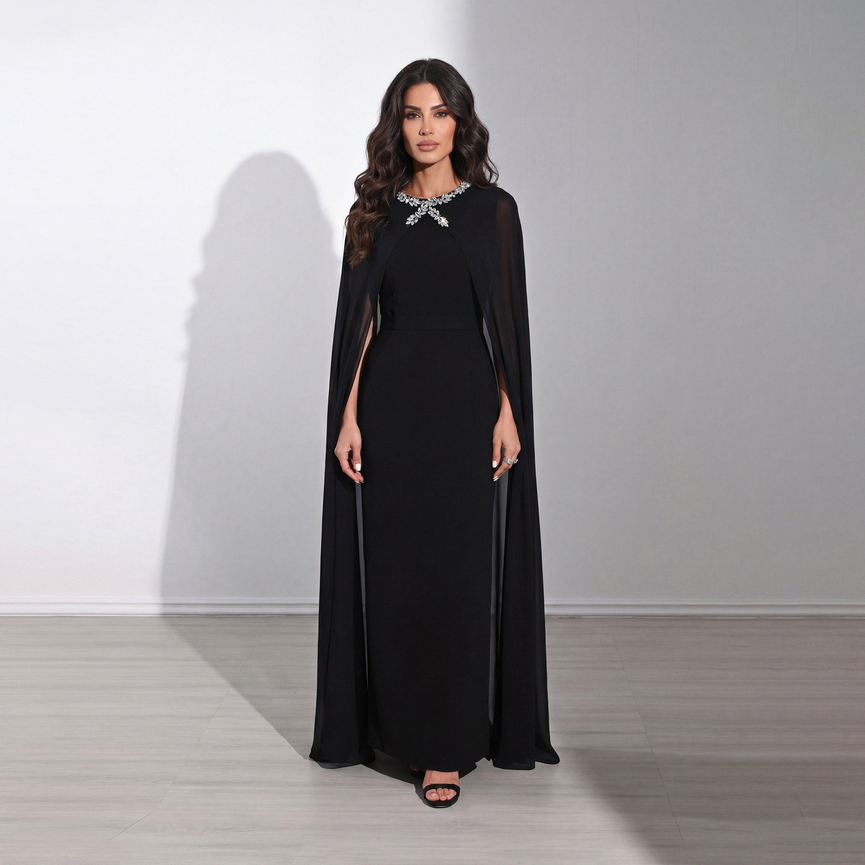 فستان سهرة ماكسي نسائي بتصميم "كيب" من قماش "كريب" مع ياقة مزينة بالكريستال من أكاديا-women-clothing-dresses-image-1