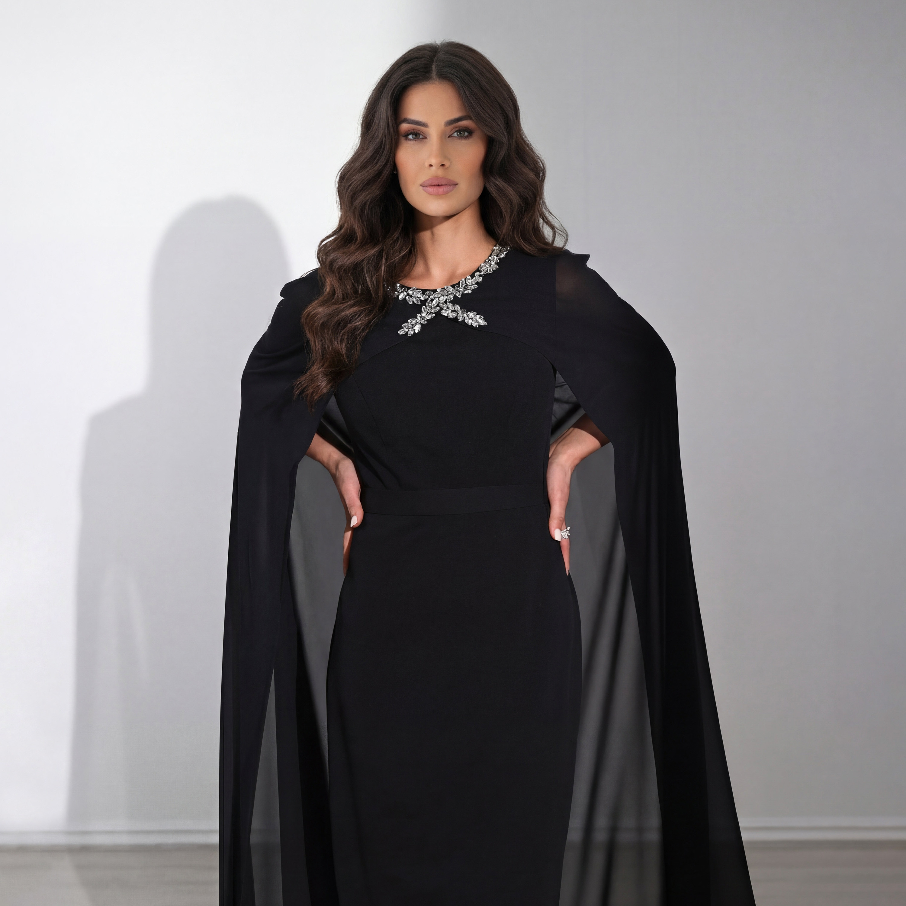 فستان سهرة ماكسي نسائي بتصميم "كيب" من قماش "كريب" مع ياقة مزينة بالكريستال من أكاديا-women-clothing-dresses-image-3