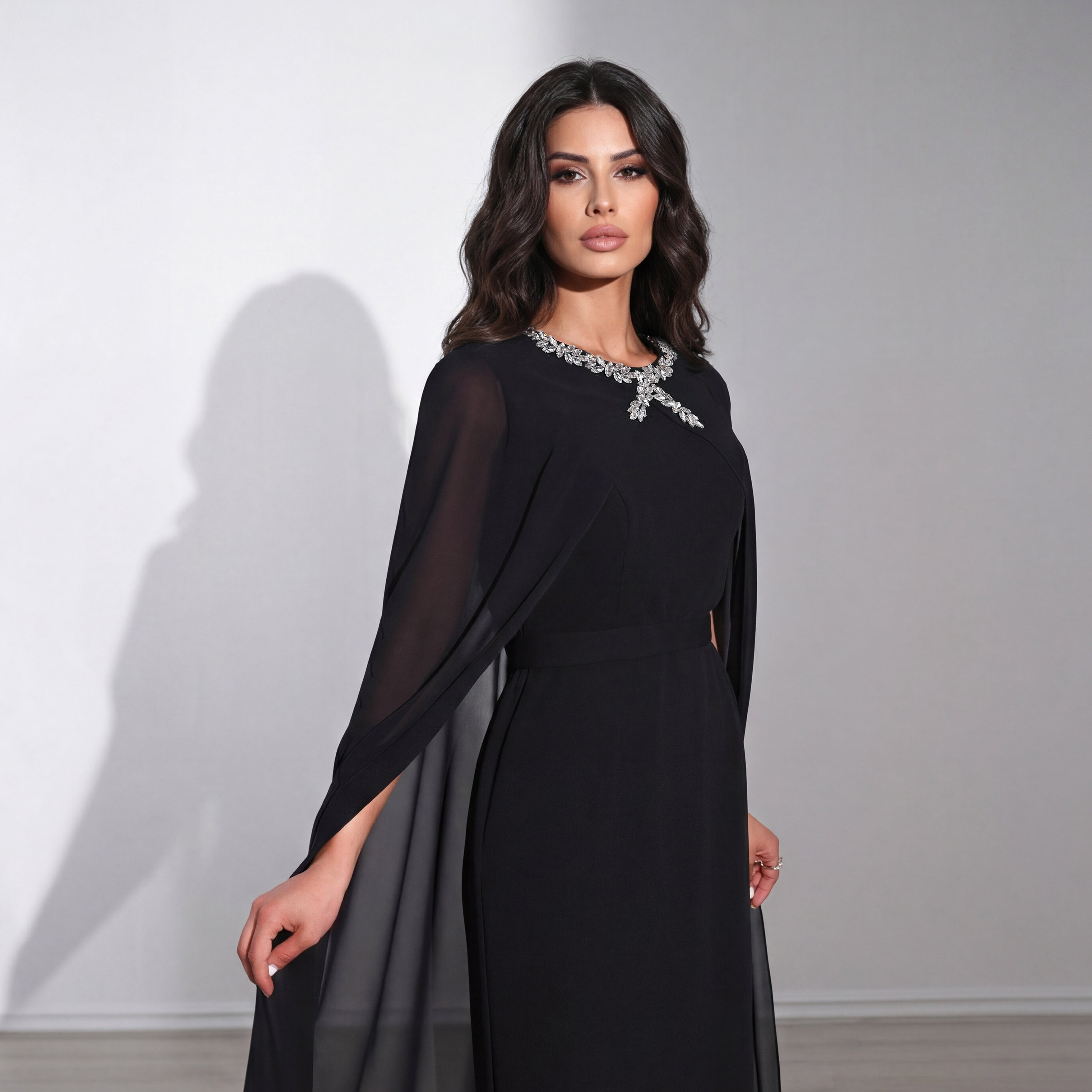 فستان سهرة ماكسي نسائي بتصميم "كيب" من قماش "كريب" مع ياقة مزينة بالكريستال من أكاديا-women-clothing-dresses-image-4