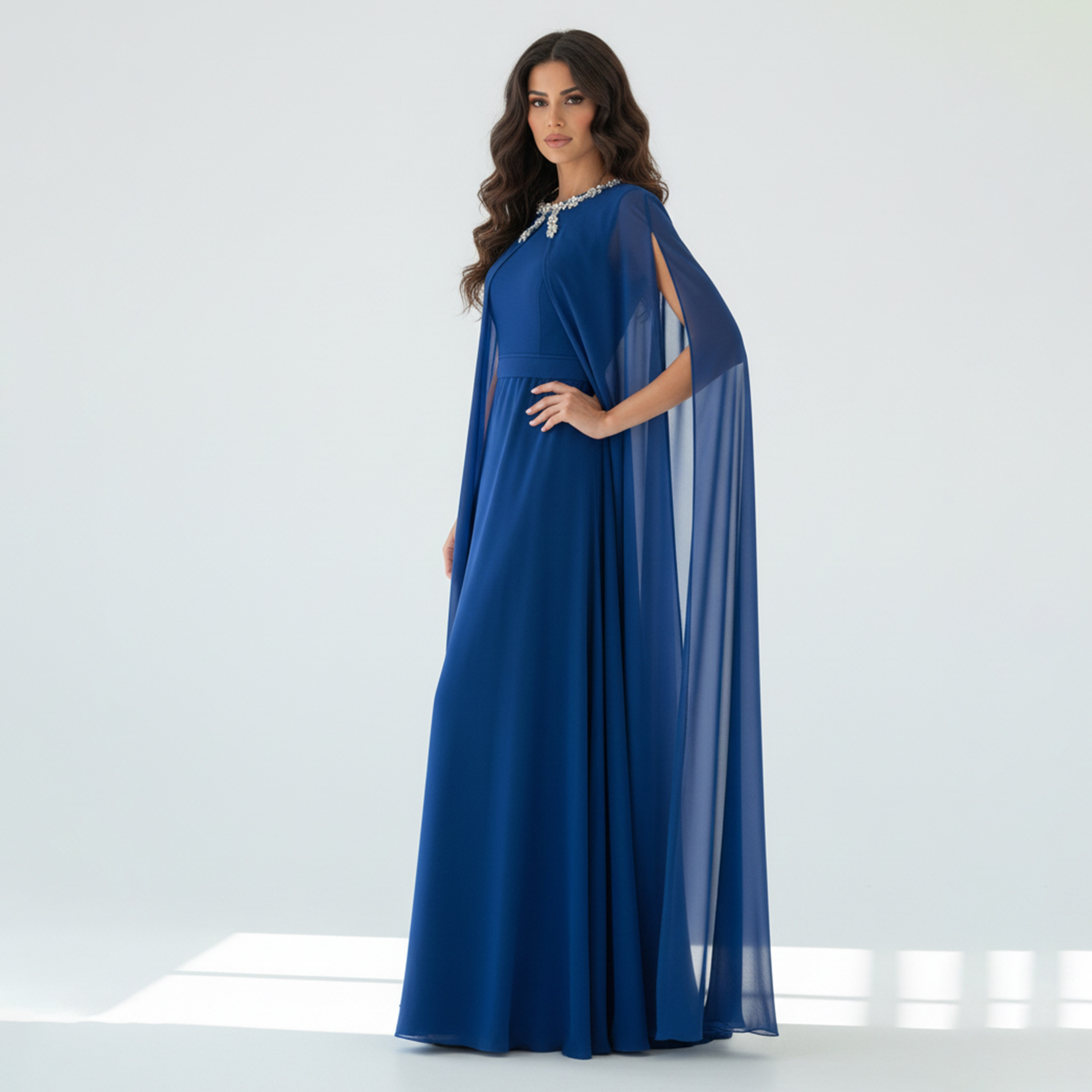 Akadia Crystal Neckline Crepe Cape Women's Evening Maxi Dress-women-clothing-dresses-image-2