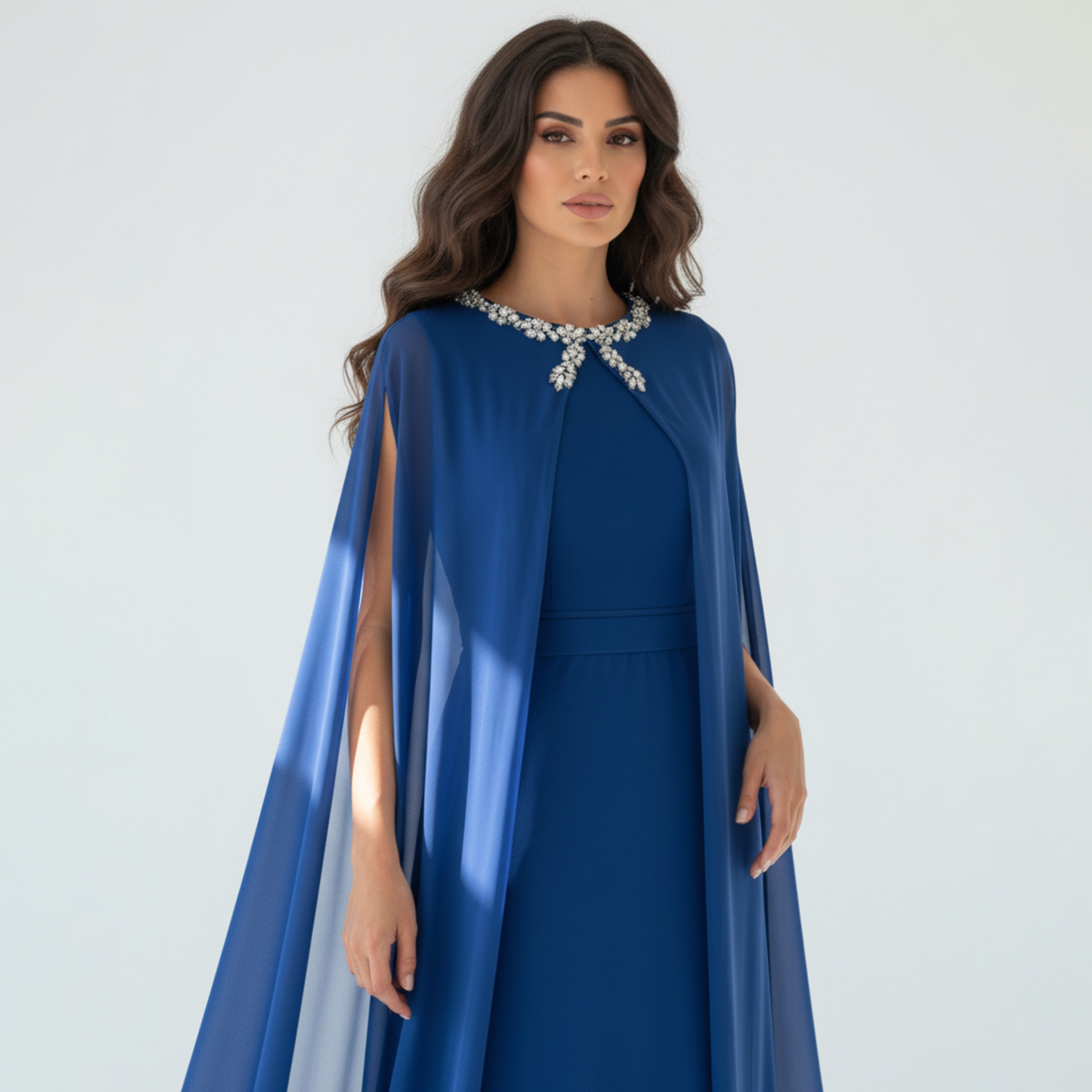 Akadia Crystal Neckline Crepe Cape Women's Evening Maxi Dress-women-clothing-dresses-image-3