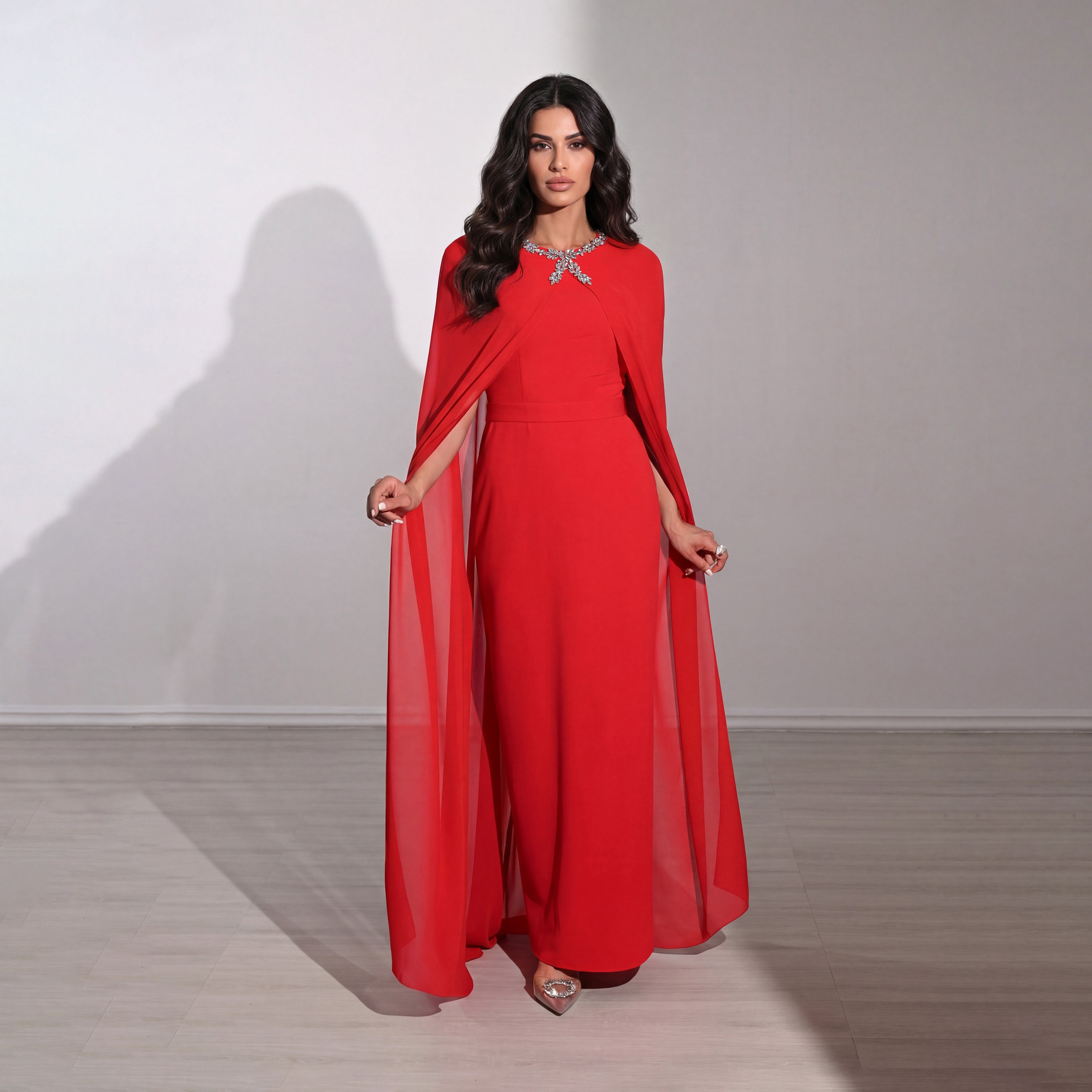 فستان سهرة ماكسي نسائي بتصميم "كيب" من قماش "كريب" مع ياقة مزينة بالكريستال من أكاديا-women-clothing-dresses-image-8