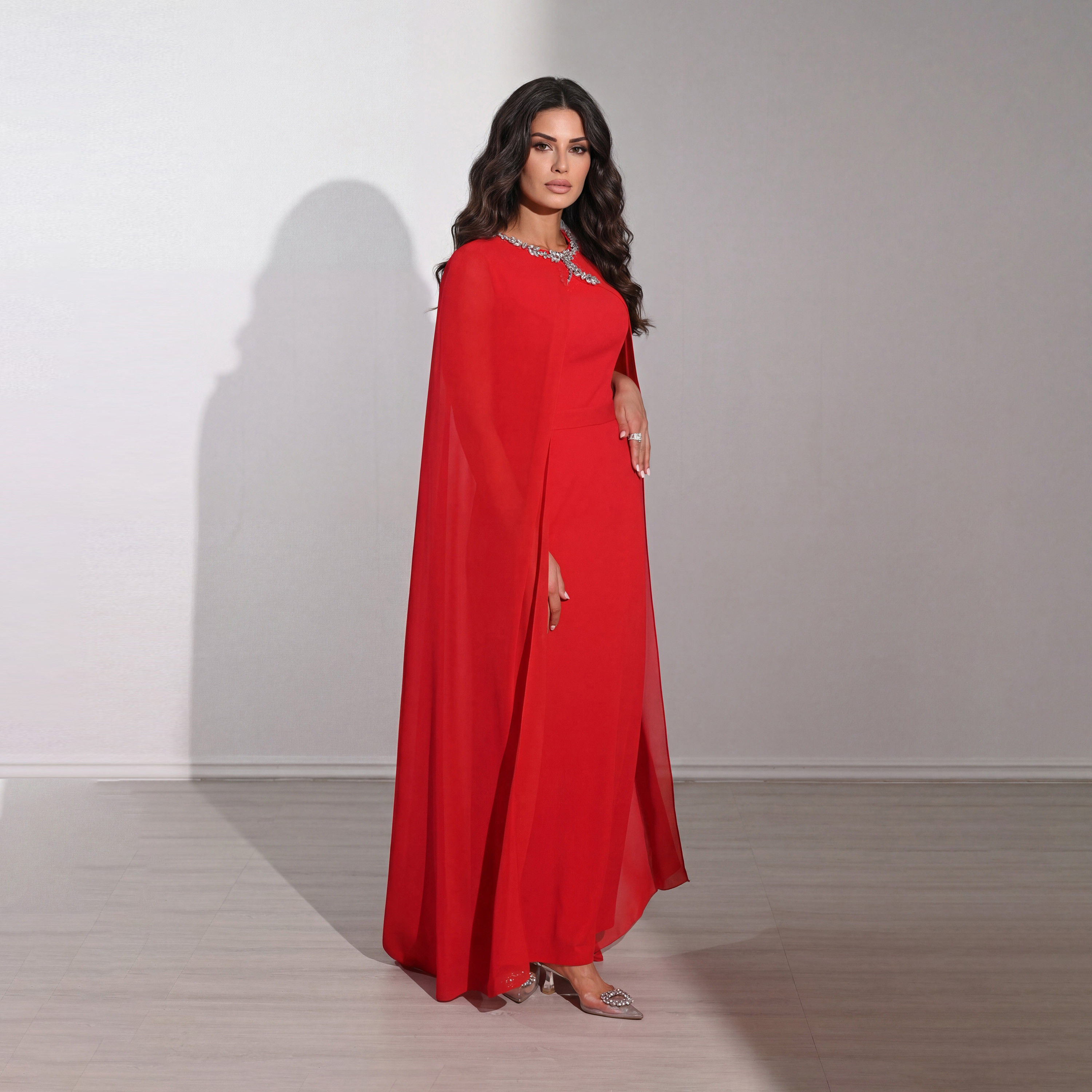 فستان سهرة ماكسي نسائي بتصميم "كيب" من قماش "كريب" مع ياقة مزينة بالكريستال من أكاديا-women-clothing-dresses-image-9