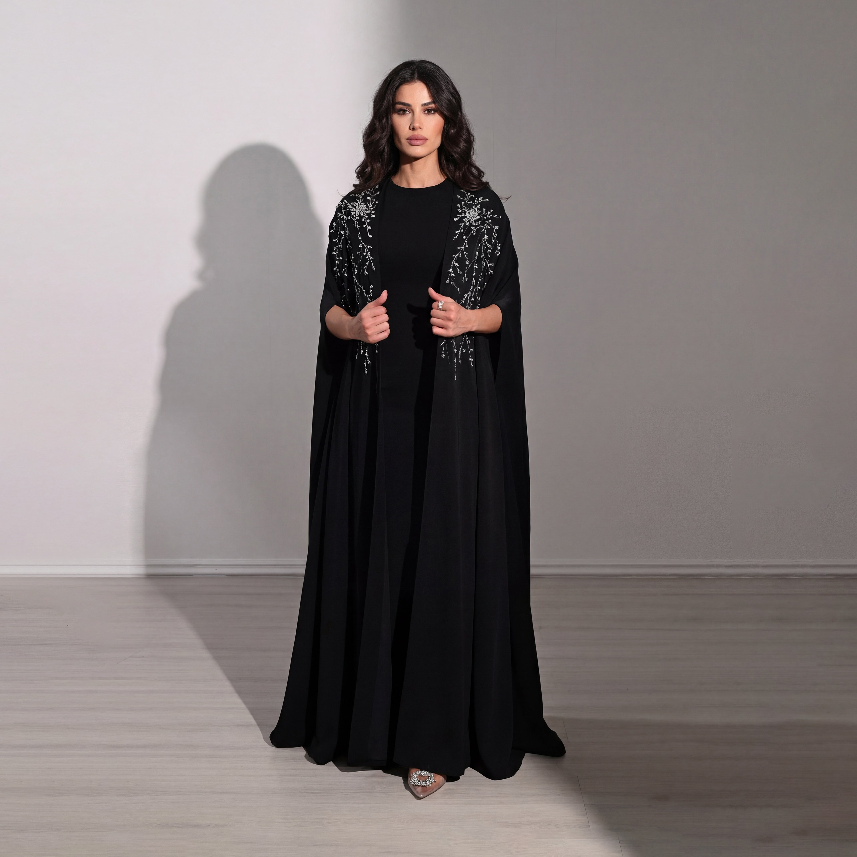 Akadia Crystal Work Crepe Fit & Flared Evening Women's Maxi Dress with Cape Overlay Sleeves-women-clothing-dresses-image-1