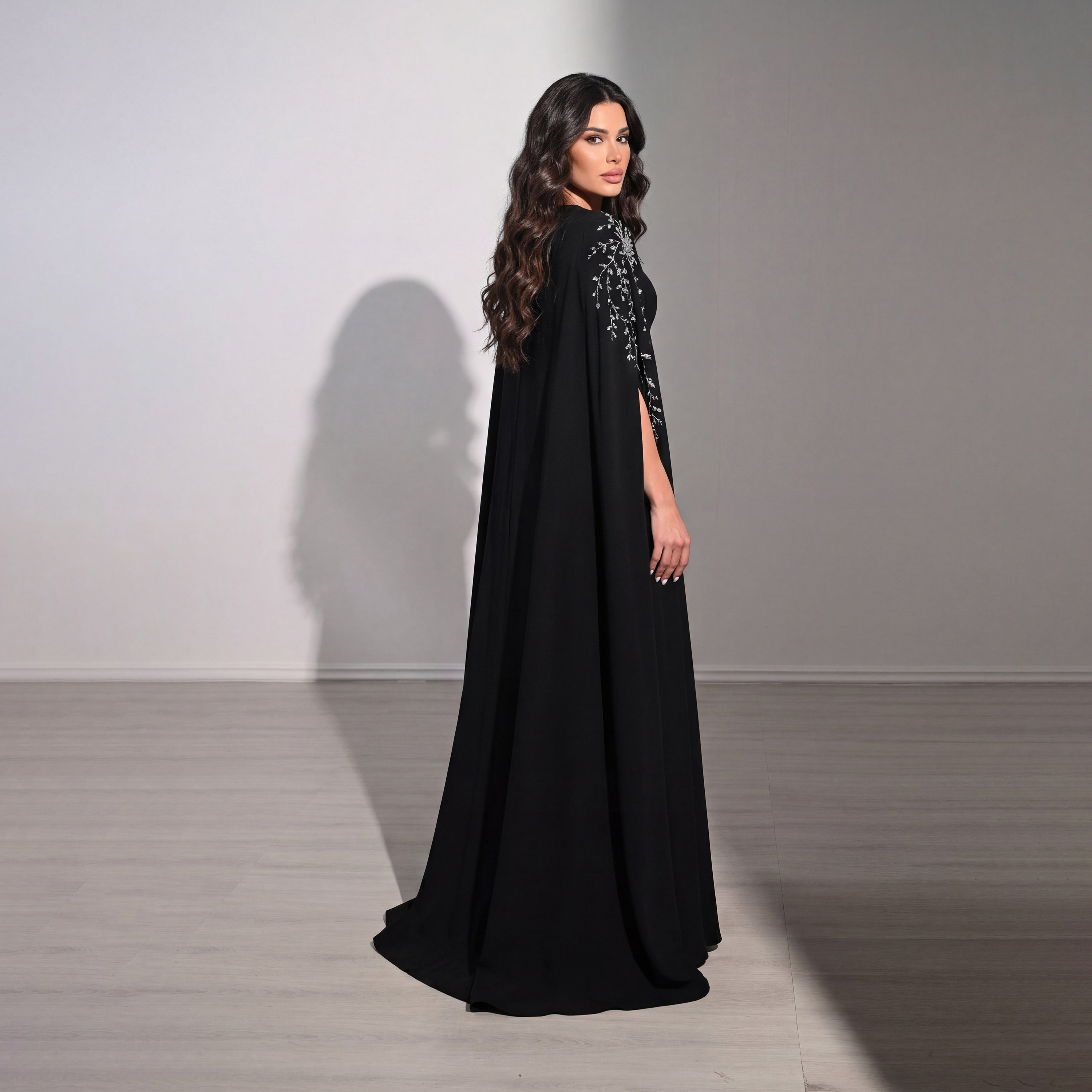 Akadia Crystal Work Crepe Fit & Flared Evening Women's Maxi Dress with Cape Overlay Sleeves-women-clothing-dresses-image-3