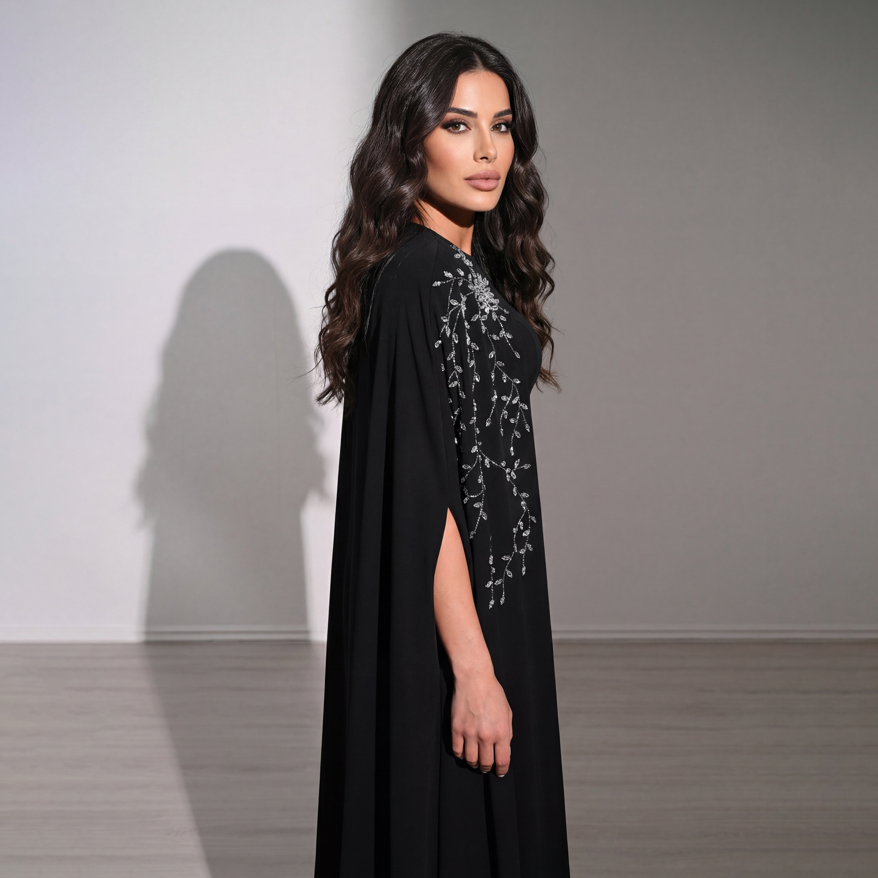 Akadia Crystal Work Crepe Fit & Flared Evening Women's Maxi Dress with Cape Overlay Sleeves-women-clothing-dresses-image-4