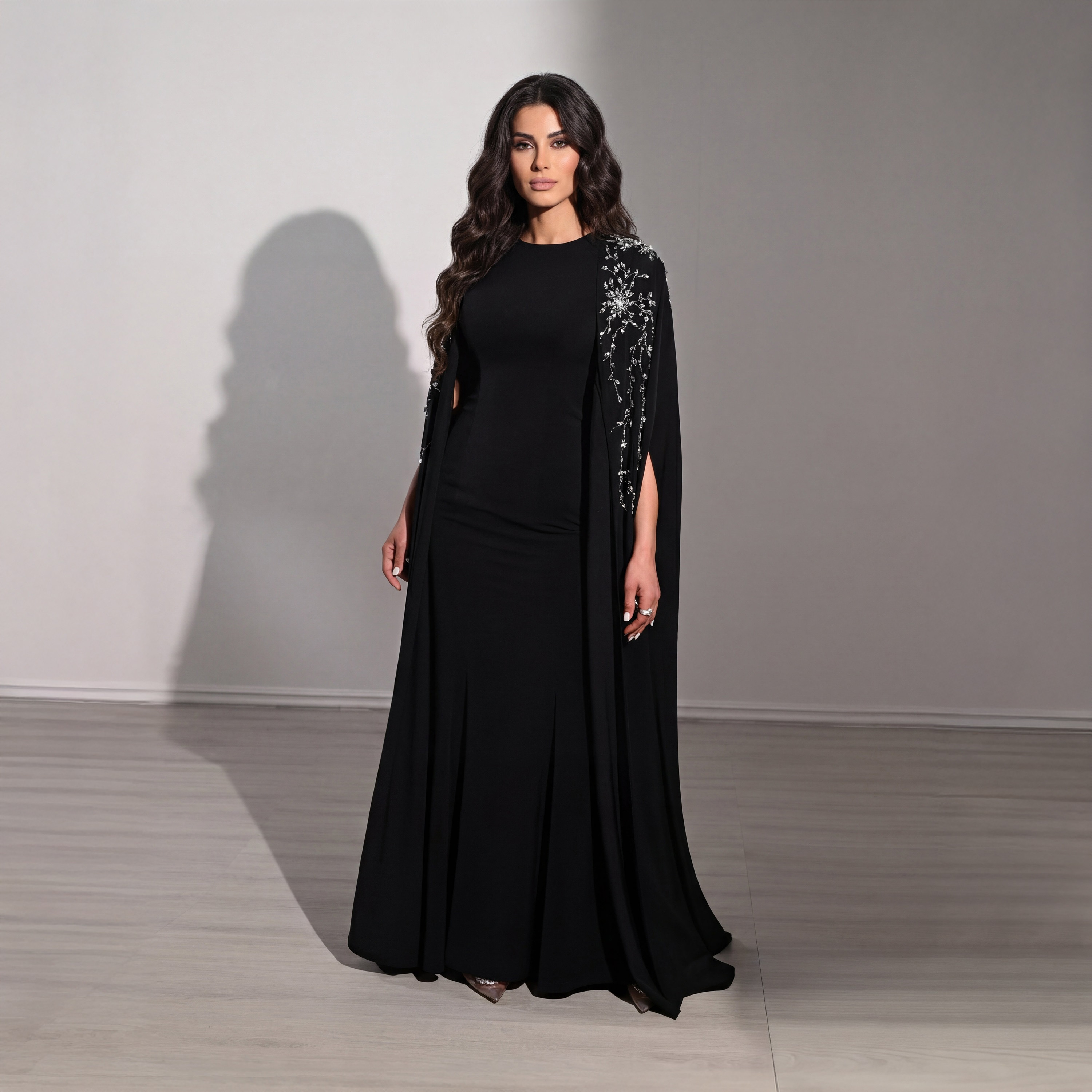 Akadia Crystal Work Crepe Fit & Flared Evening Women's Maxi Dress with Cape Overlay Sleeves-women-clothing-dresses-image-5