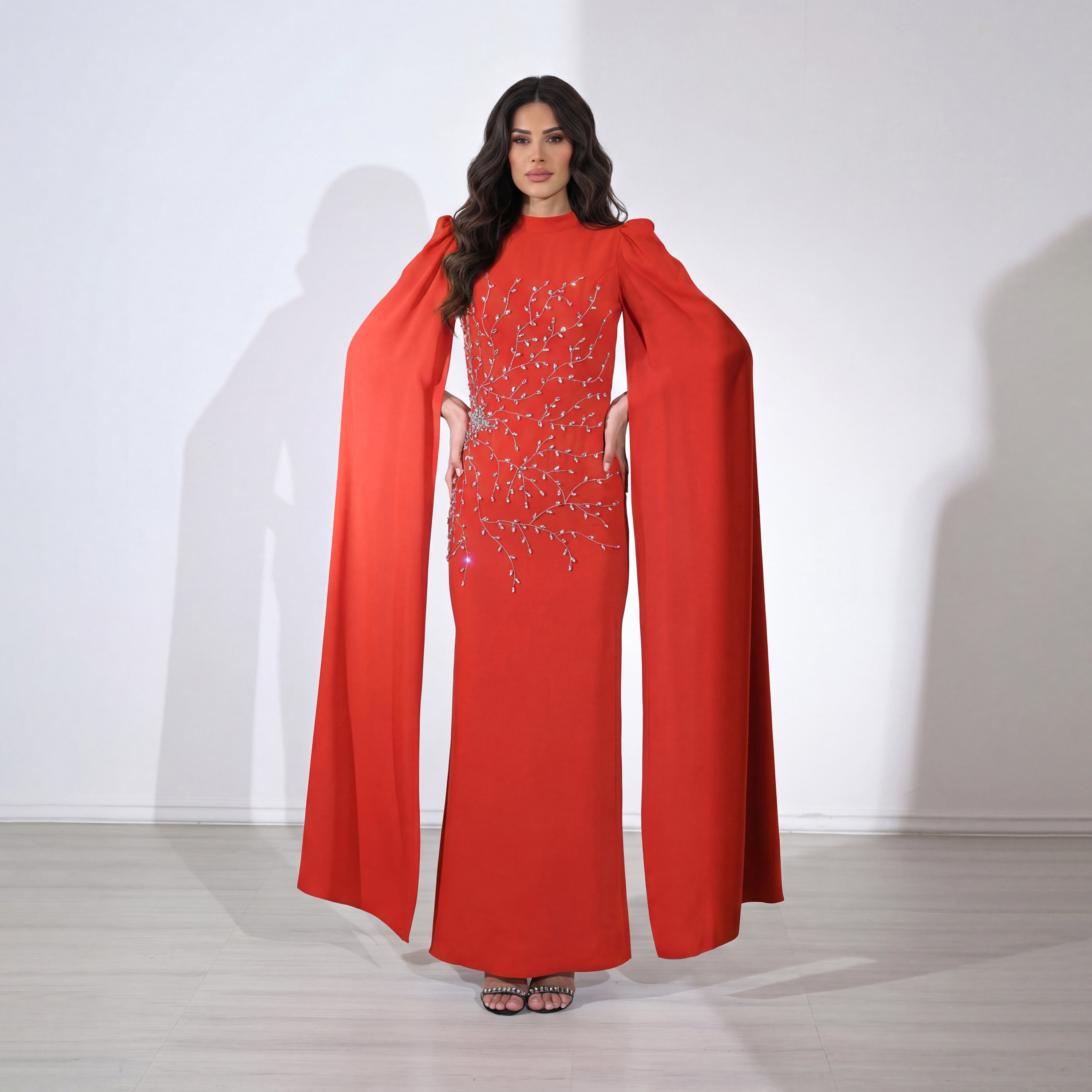 فستان سهرة ماكسي نسائي من قماش "كريب" بأكمام "كيب" ومزين بتطريز كريستال على شكل شجر من أكاديا-women-clothing-dresses-image-1