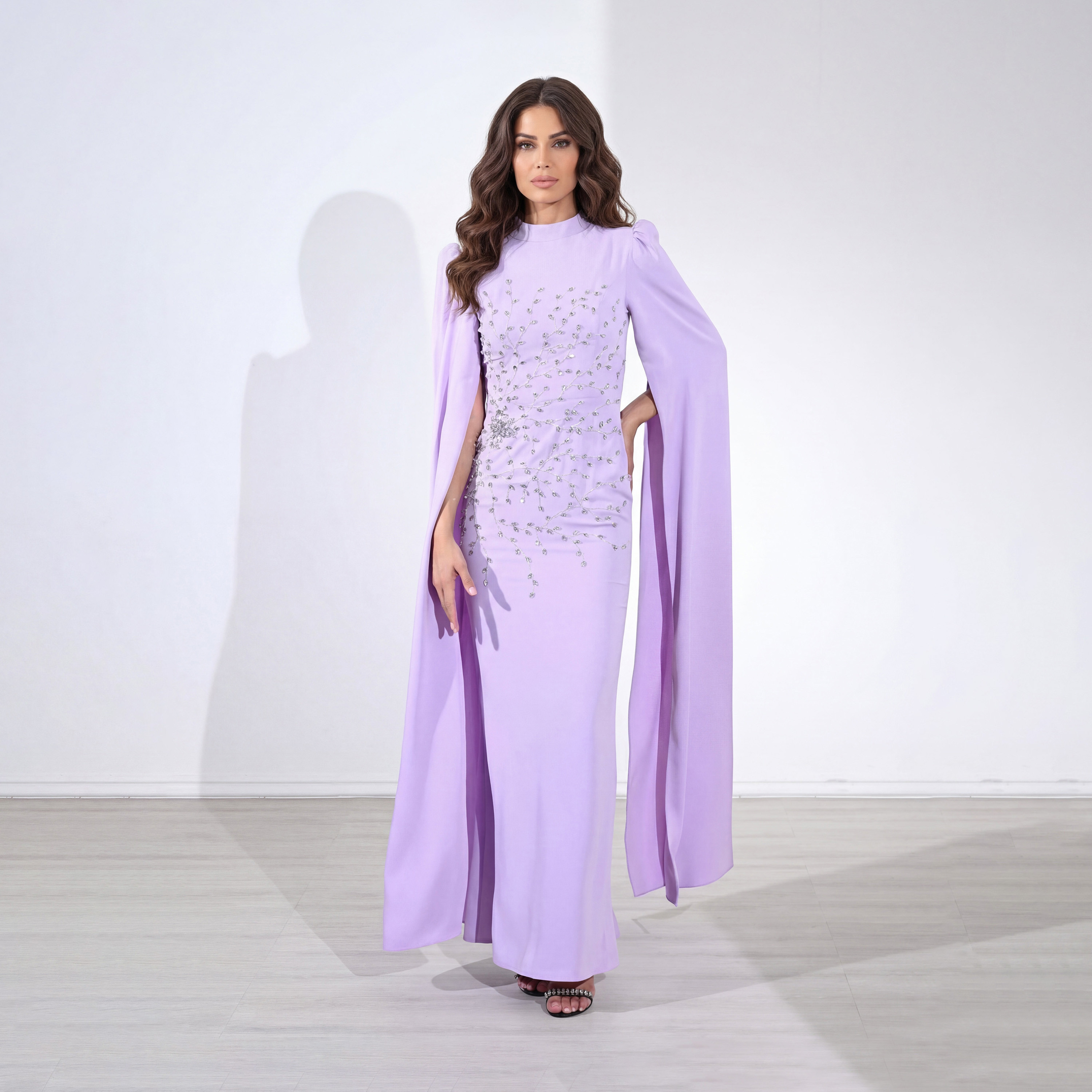 Akadia Crystal Tree Embellished Cape Sleeves Crepe Women's Evening Maxi Dress-women-clothing-dresses-image-1