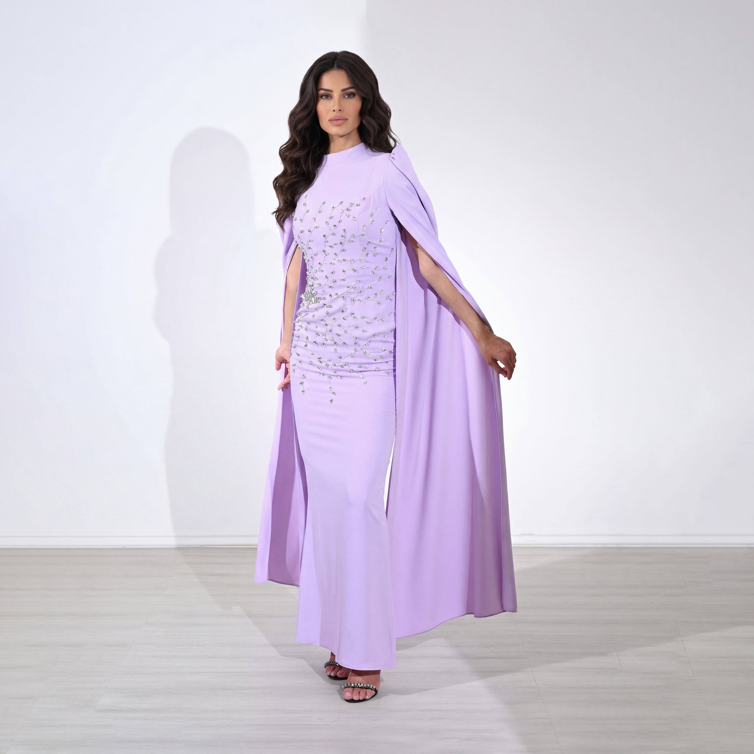 Akadia Crystal Tree Embellished Cape Sleeves Crepe Women's Evening Maxi Dress-women-clothing-dresses-image-2