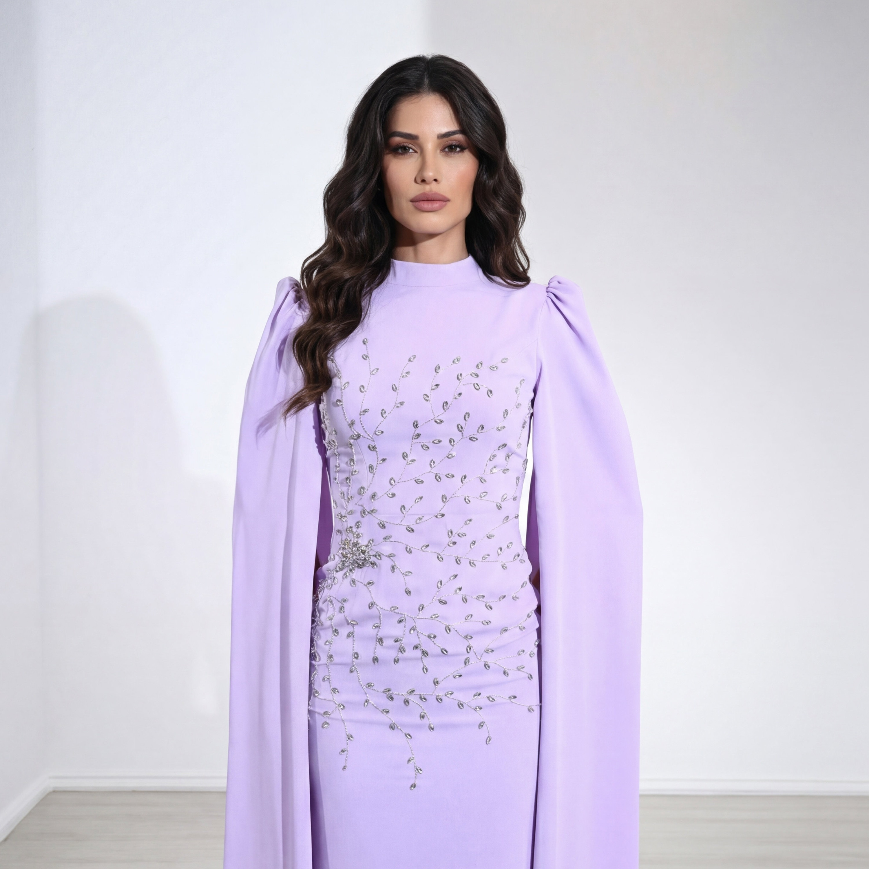 Akadia Crystal Tree Embellished Cape Sleeves Crepe Women's Evening Maxi Dress-women-clothing-dresses-image-3