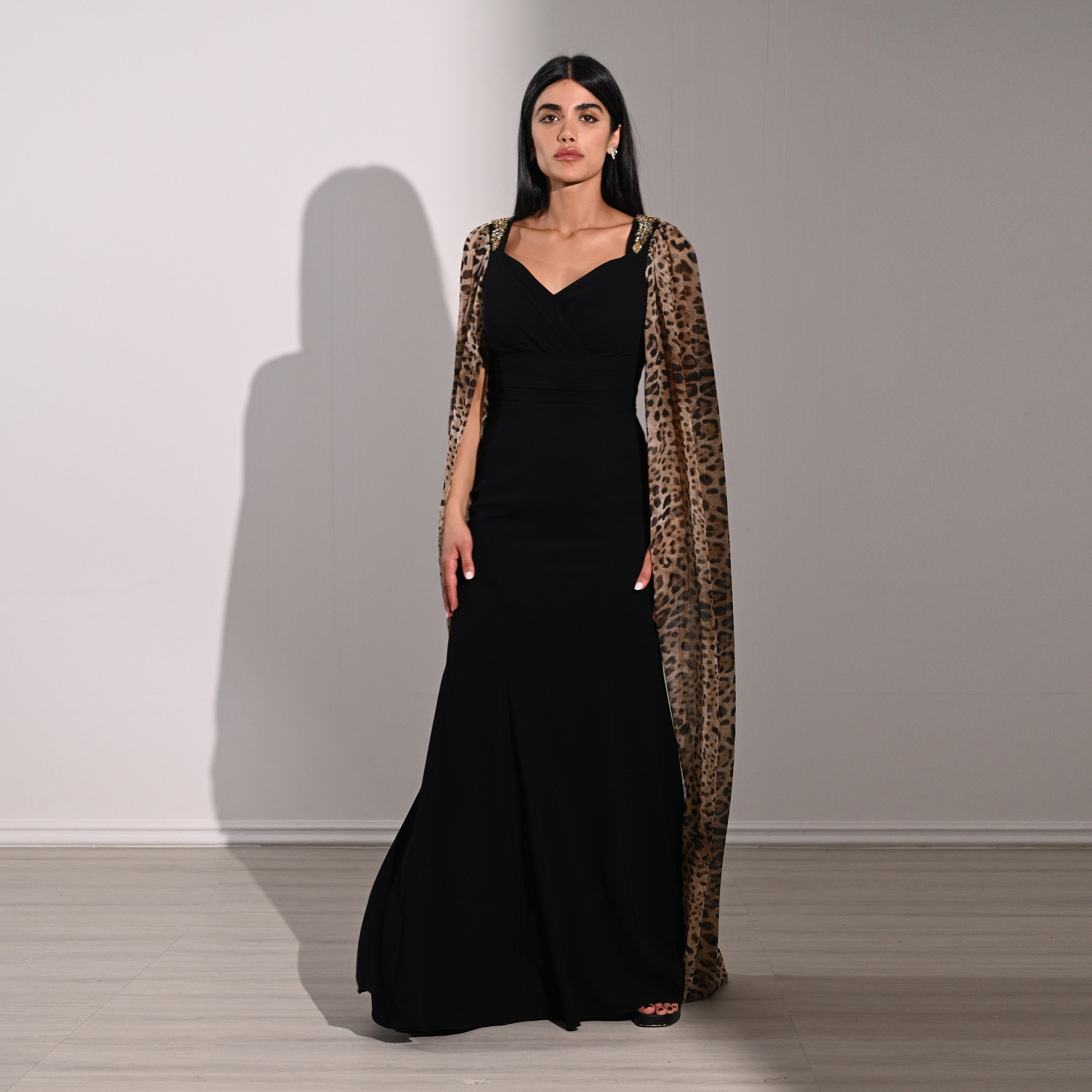 Akadia Animal Print Crepe Sweetheart Neck Cape Sleeves Bodycon Evening Women's Maxi Dress-women-clothing-dresses-image-12