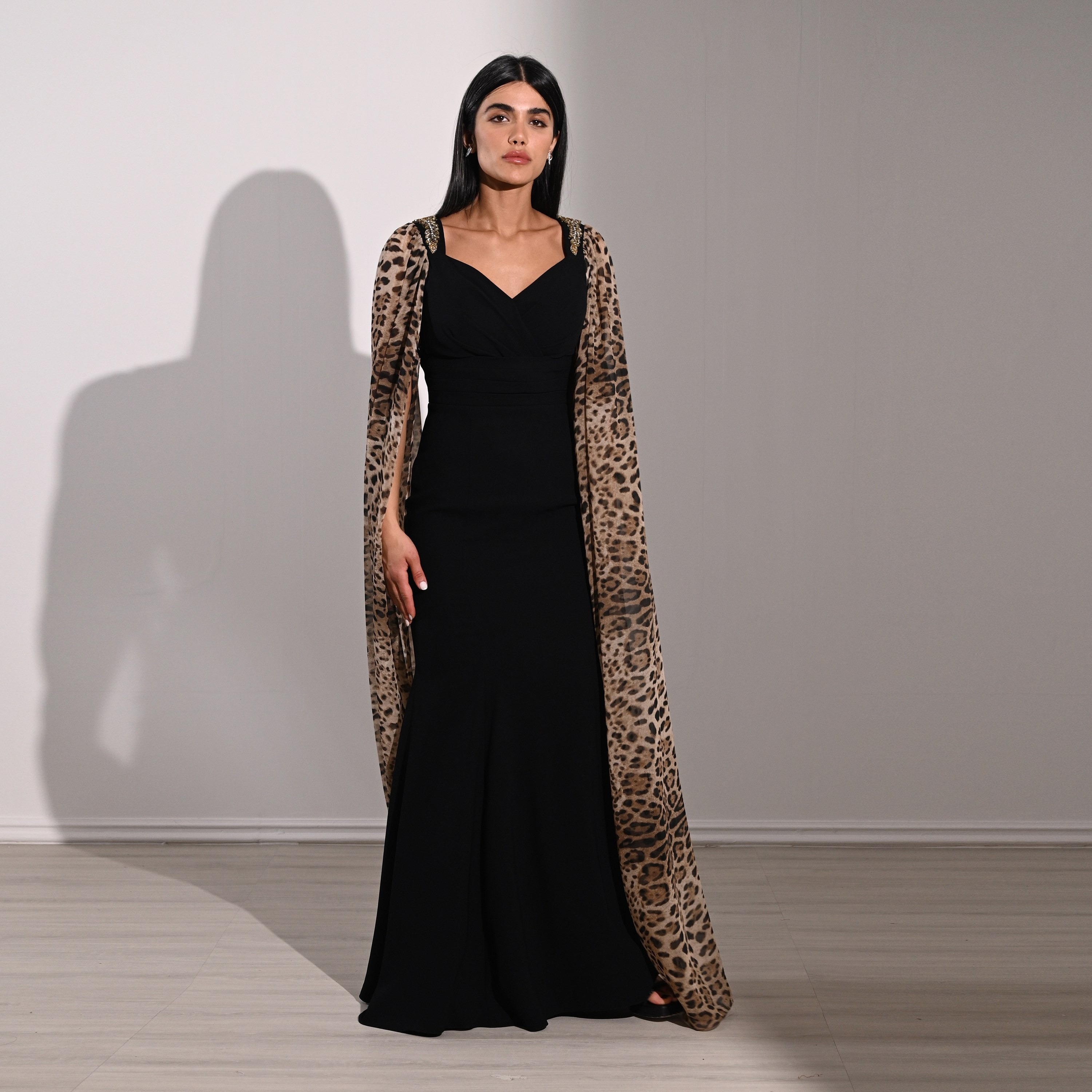 Akadia Animal Print Crepe Sweetheart Neck Cape Sleeves Bodycon Evening Women's Maxi Dress-women-clothing-dresses-image-13