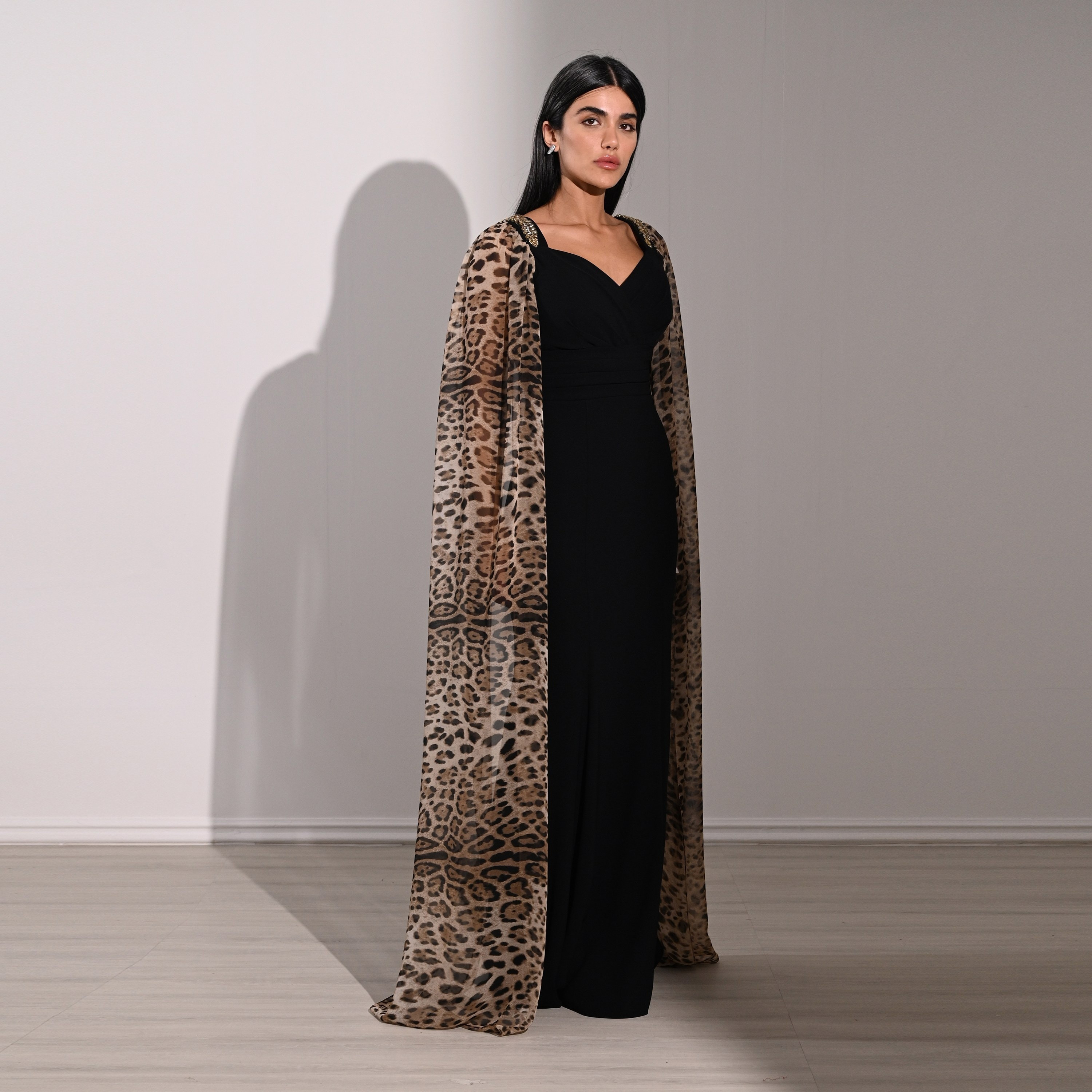 Akadia Animal Print Crepe Sweetheart Neck Cape Sleeves Bodycon Evening Women's Maxi Dress-women-clothing-dresses-image-14