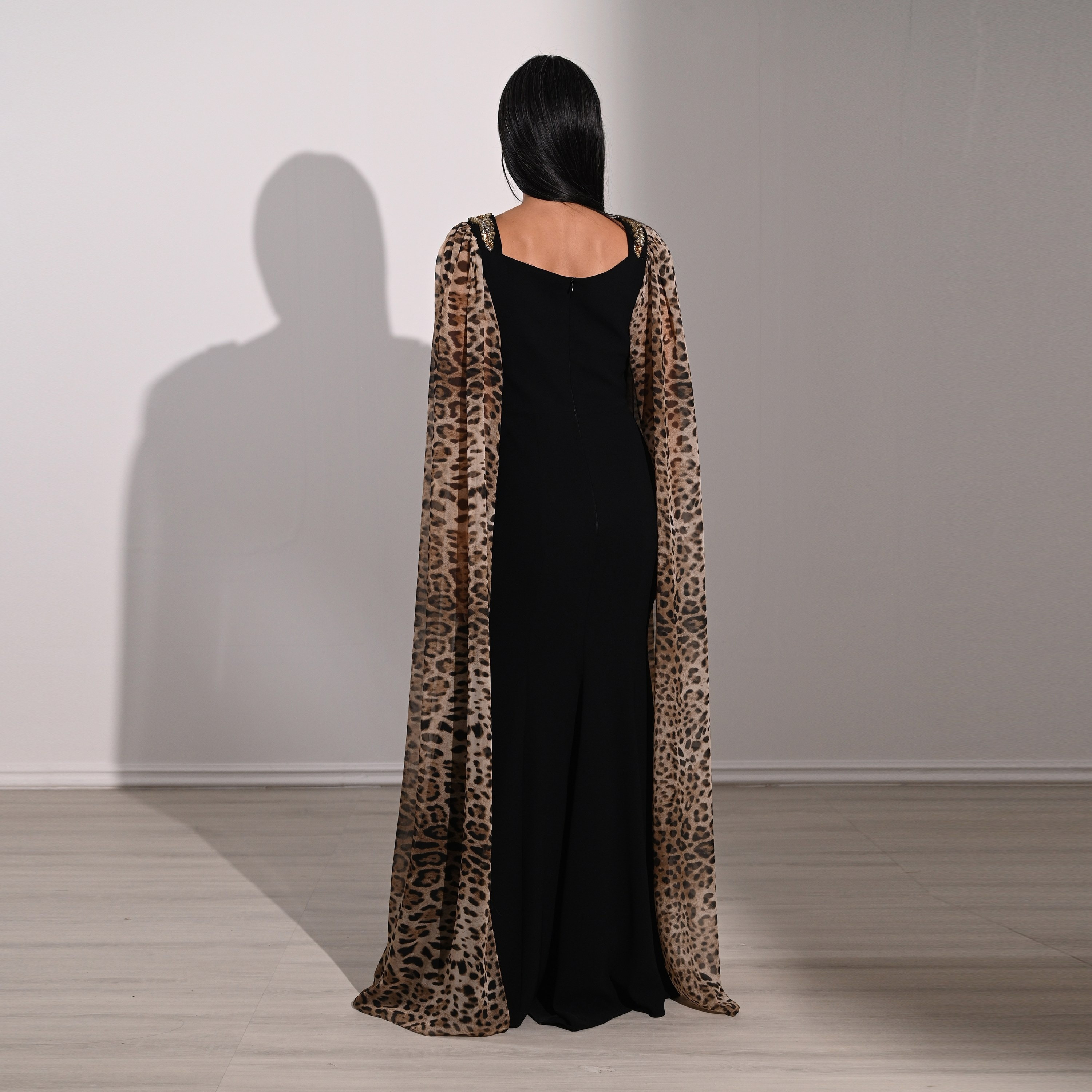 Akadia Animal Print Crepe Sweetheart Neck Cape Sleeves Bodycon Evening Women's Maxi Dress-women-clothing-dresses-image-15