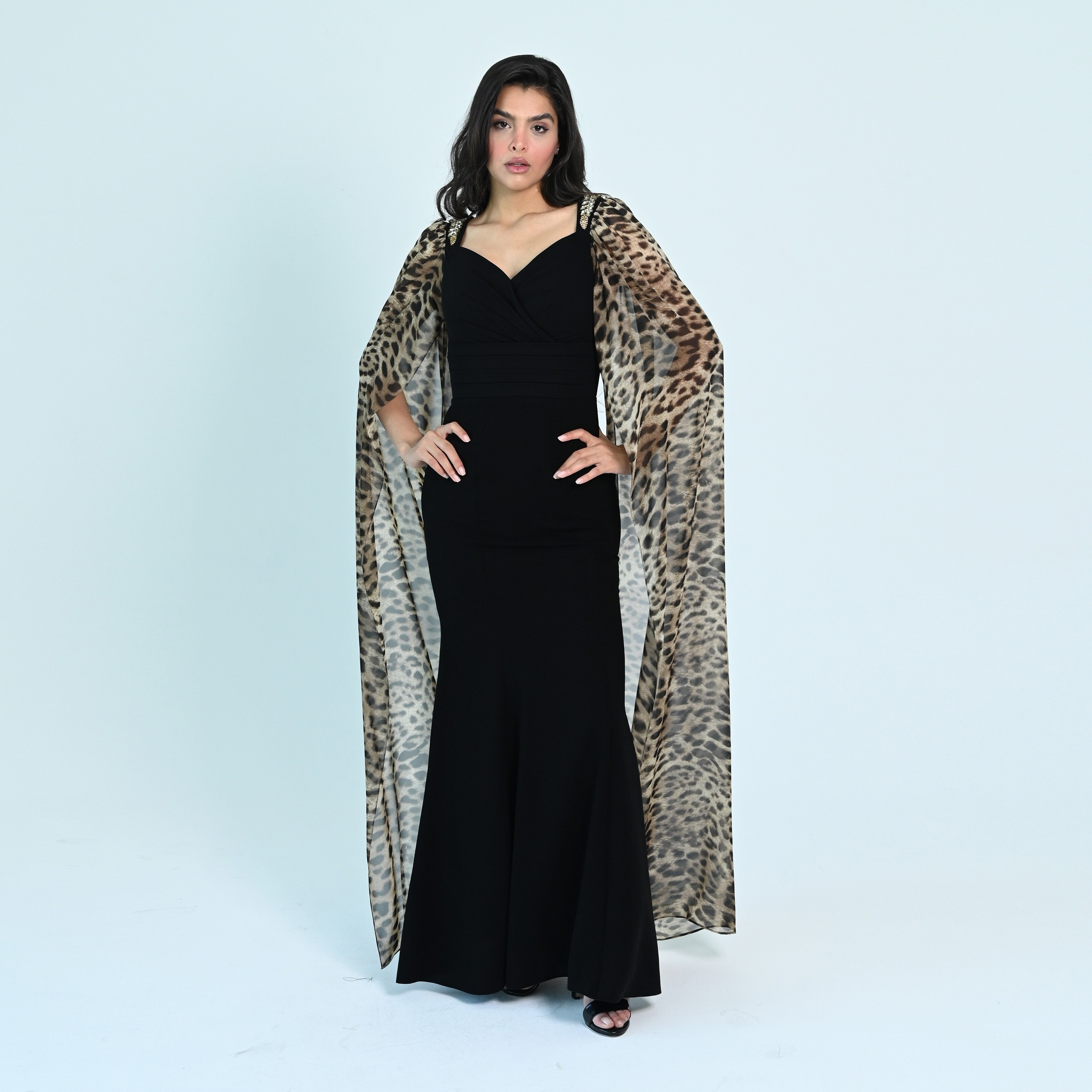 Akadia Animal Print Crepe Sweetheart Neck Cape Sleeves Bodycon Evening Women's Maxi Dress-women-clothing-dresses-image-1