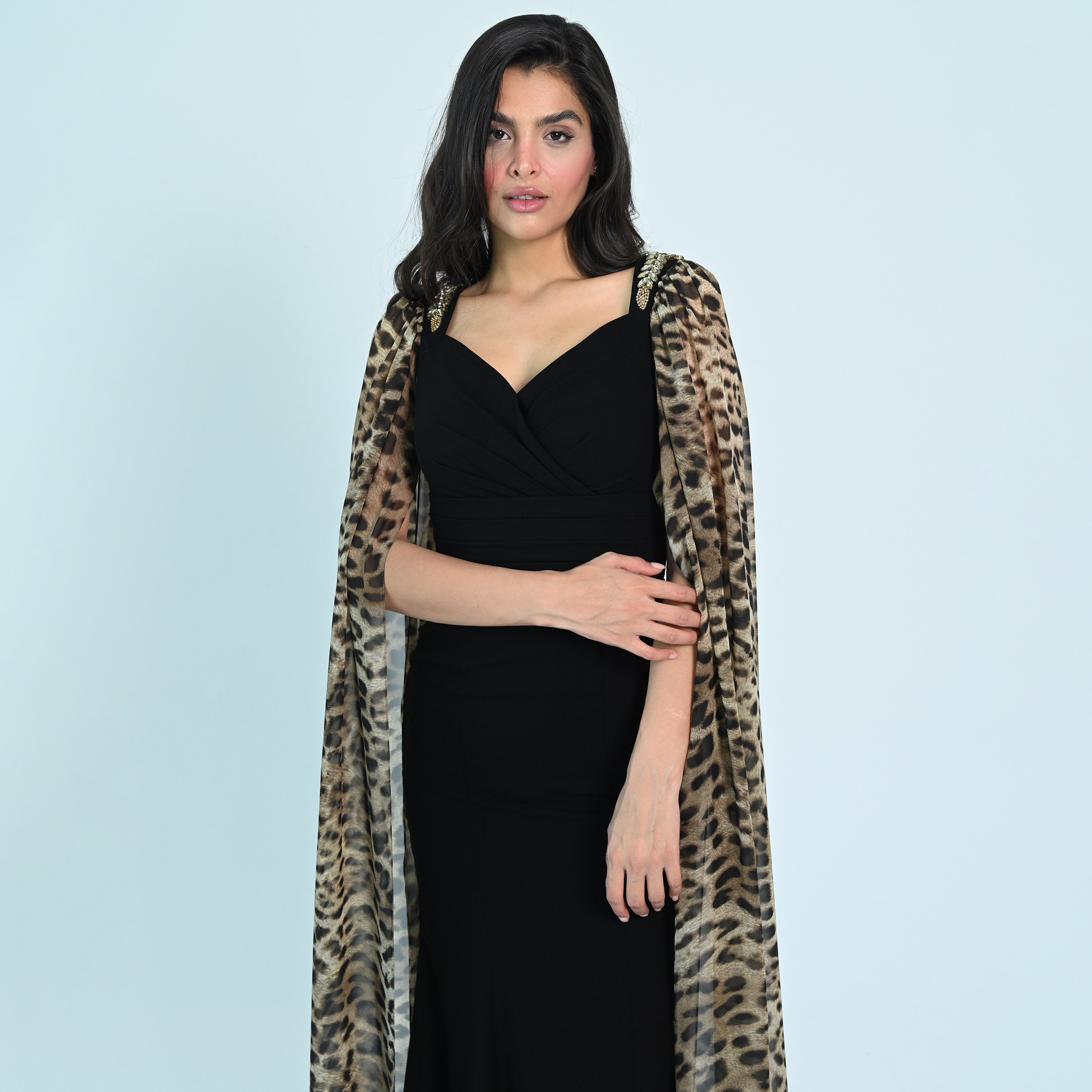 Akadia Animal Print Crepe Sweetheart Neck Cape Sleeves Bodycon Evening Women's Maxi Dress-women-clothing-dresses-image-4