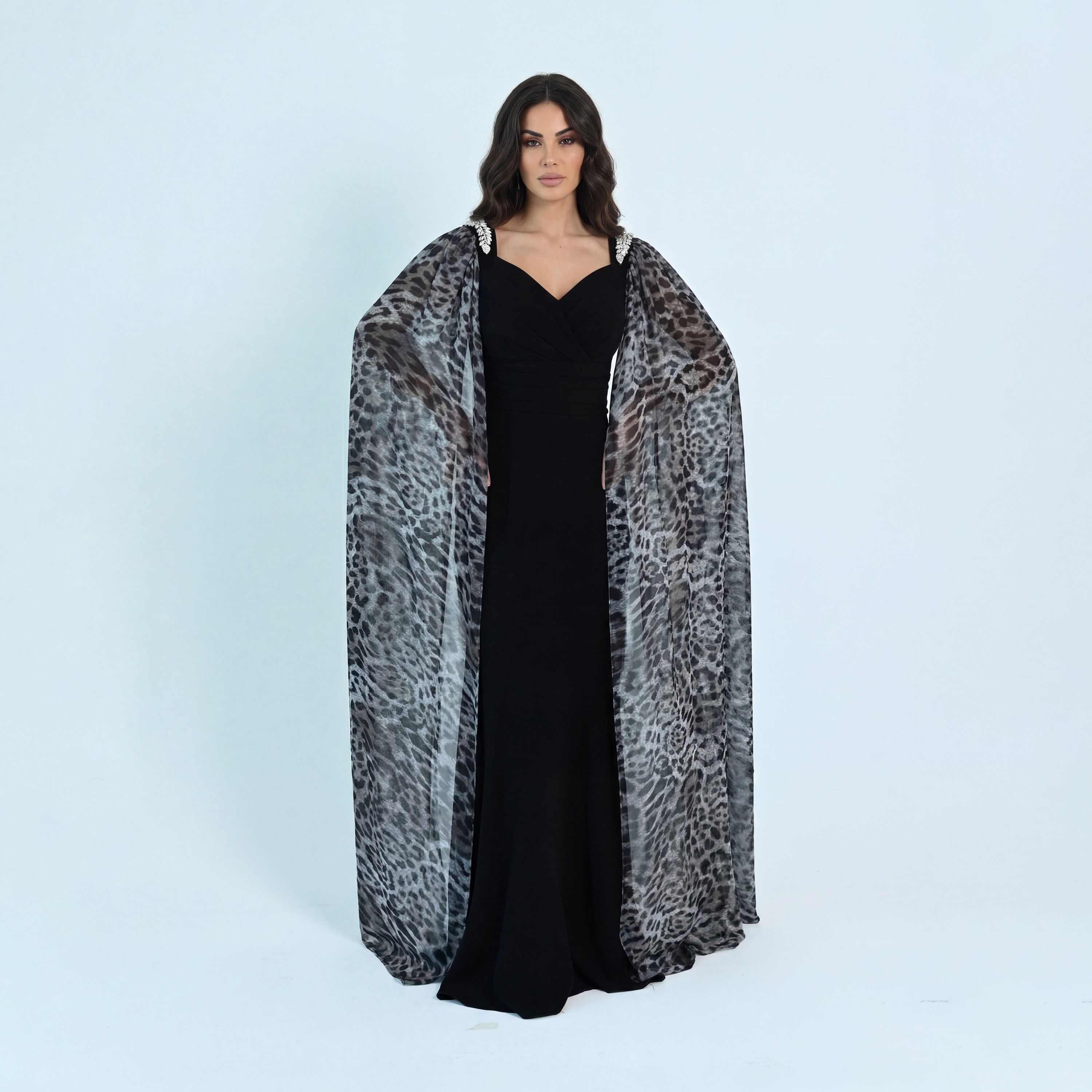Akadia Animal Print Crepe Sweetheart Neck Cape Sleeves Bodycon Evening Women's Maxi Dress-women-clothing-dresses-image-6
