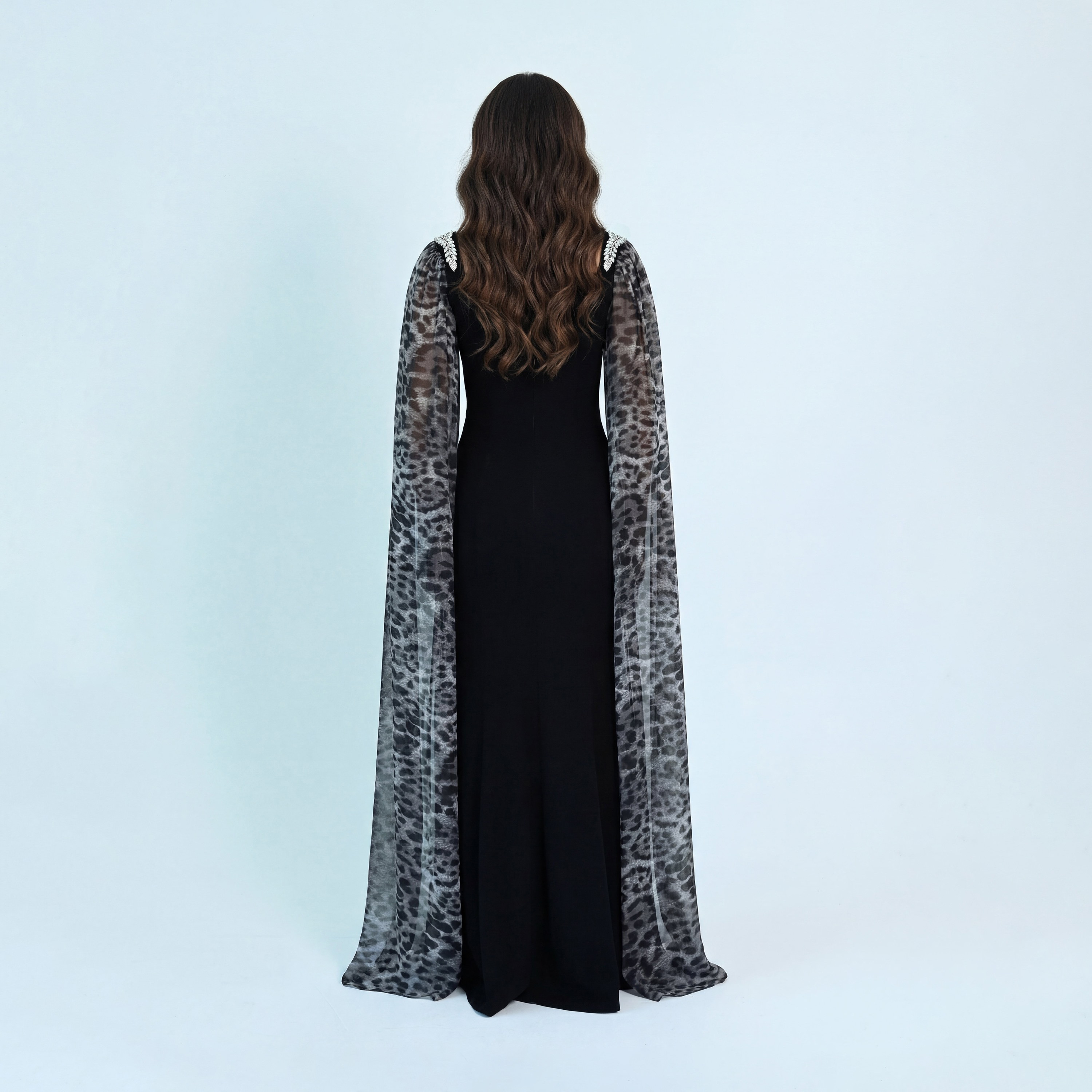 Akadia Animal Print Crepe Sweetheart Neck Cape Sleeves Bodycon Evening Women's Maxi Dress-women-clothing-dresses-image-8