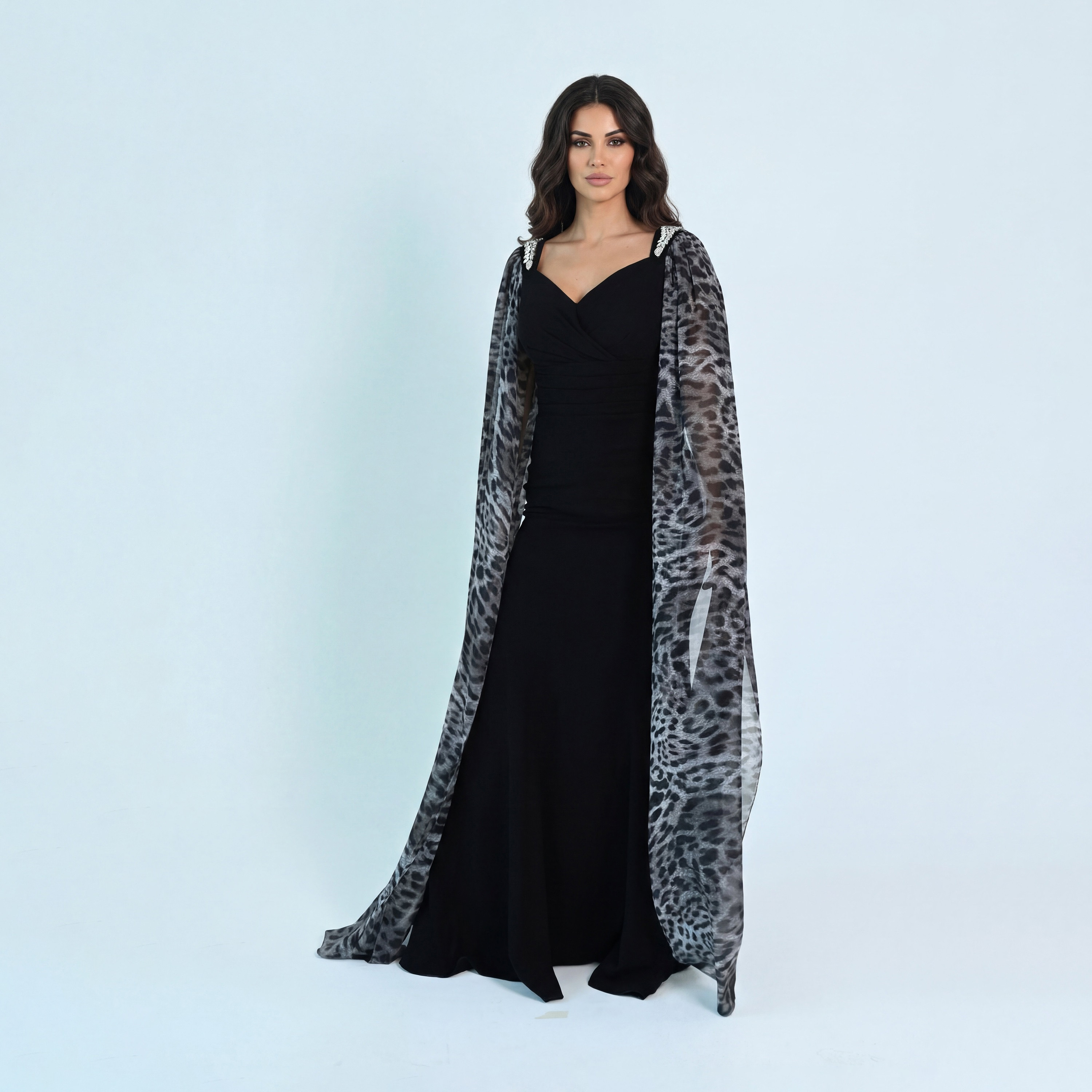 Akadia Animal Print Crepe Sweetheart Neck Cape Sleeves Bodycon Evening Women's Maxi Dress-women-clothing-dresses-image-9