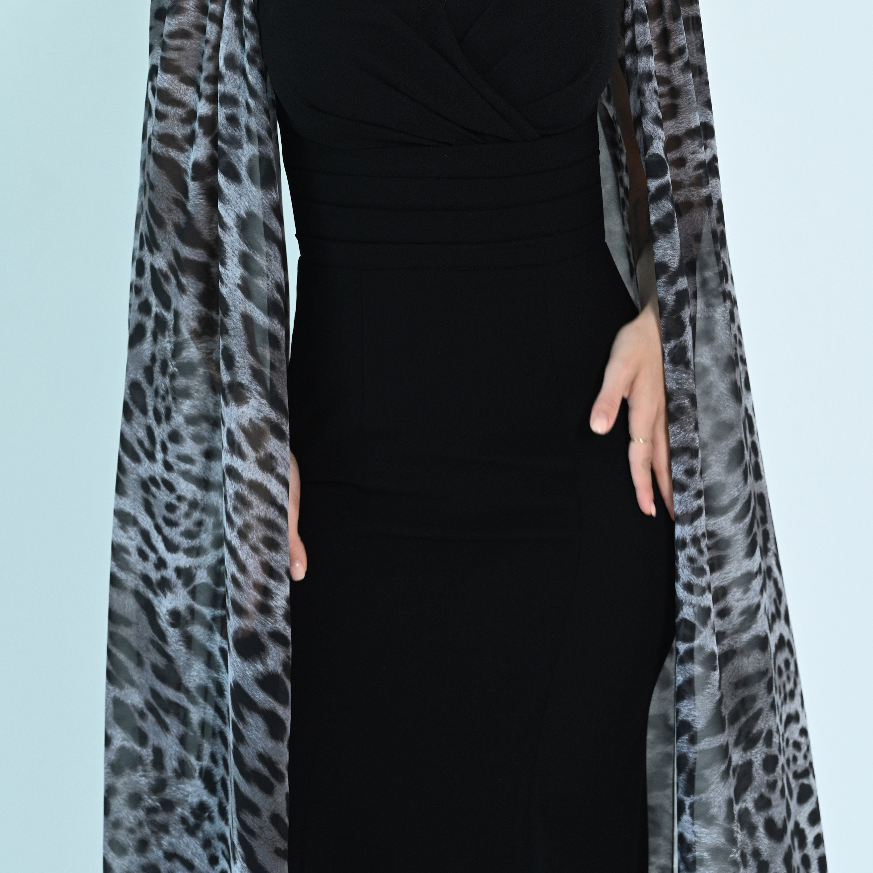 Akadia Animal Print Crepe Sweetheart Neck Cape Sleeves Bodycon Evening Women's Maxi Dress-women-clothing-dresses-image-11