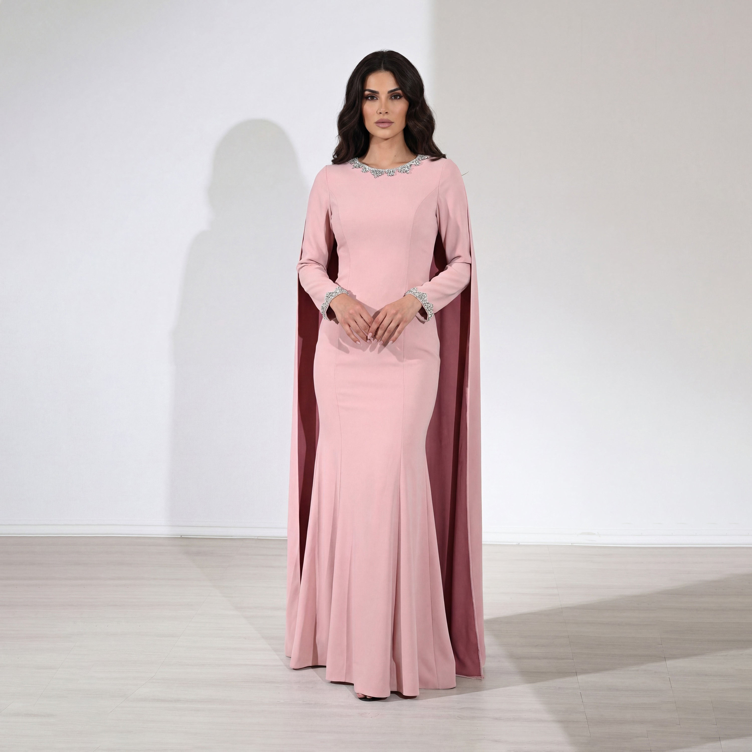 Akadia Crepe Crystal Worked Fit & Flared Evening Women's Maxi Dress with Shoulder Tail-women-clothing-dresses-image-1