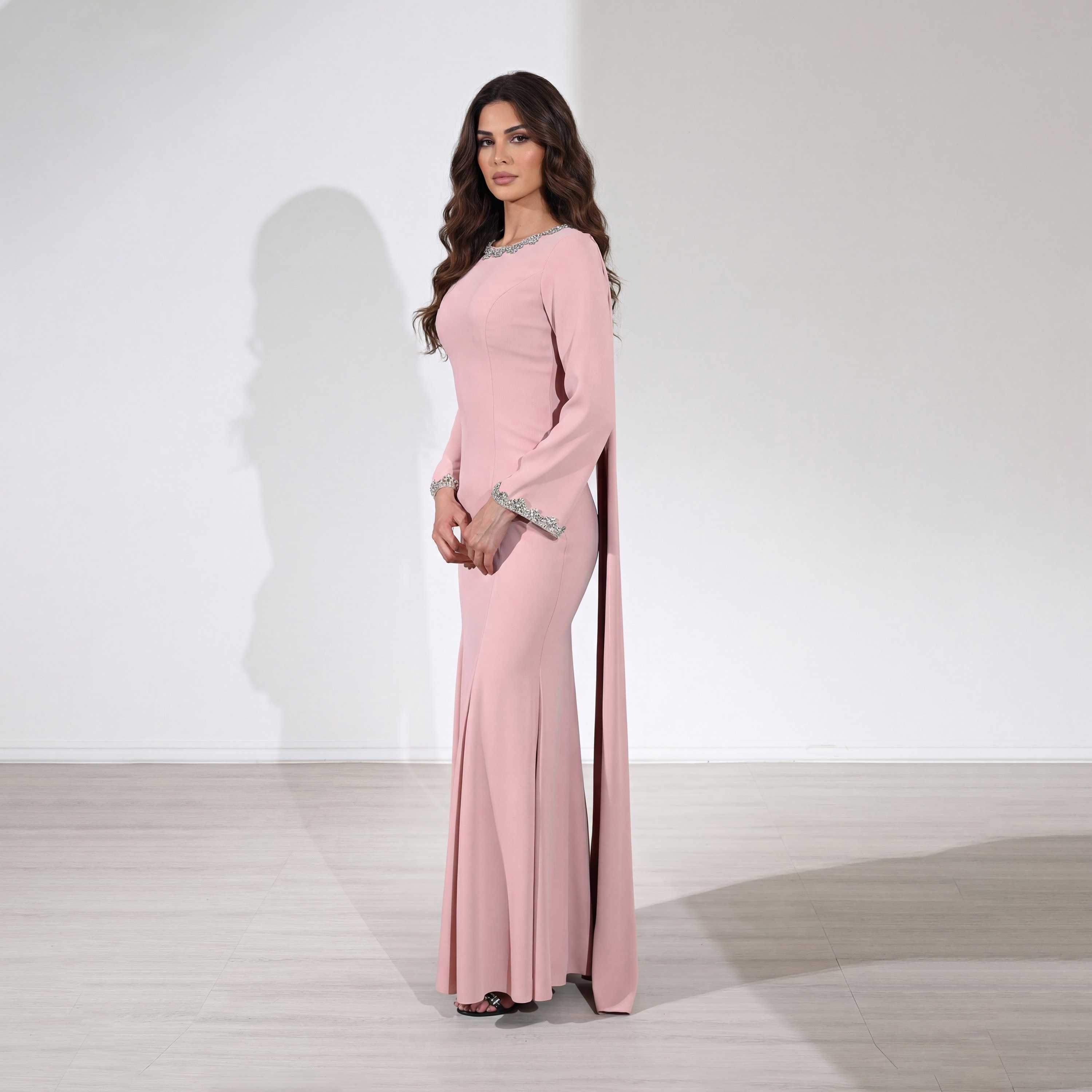 Akadia Crepe Crystal Worked Fit & Flared Evening Women's Maxi Dress with Shoulder Tail-women-clothing-dresses-image-5