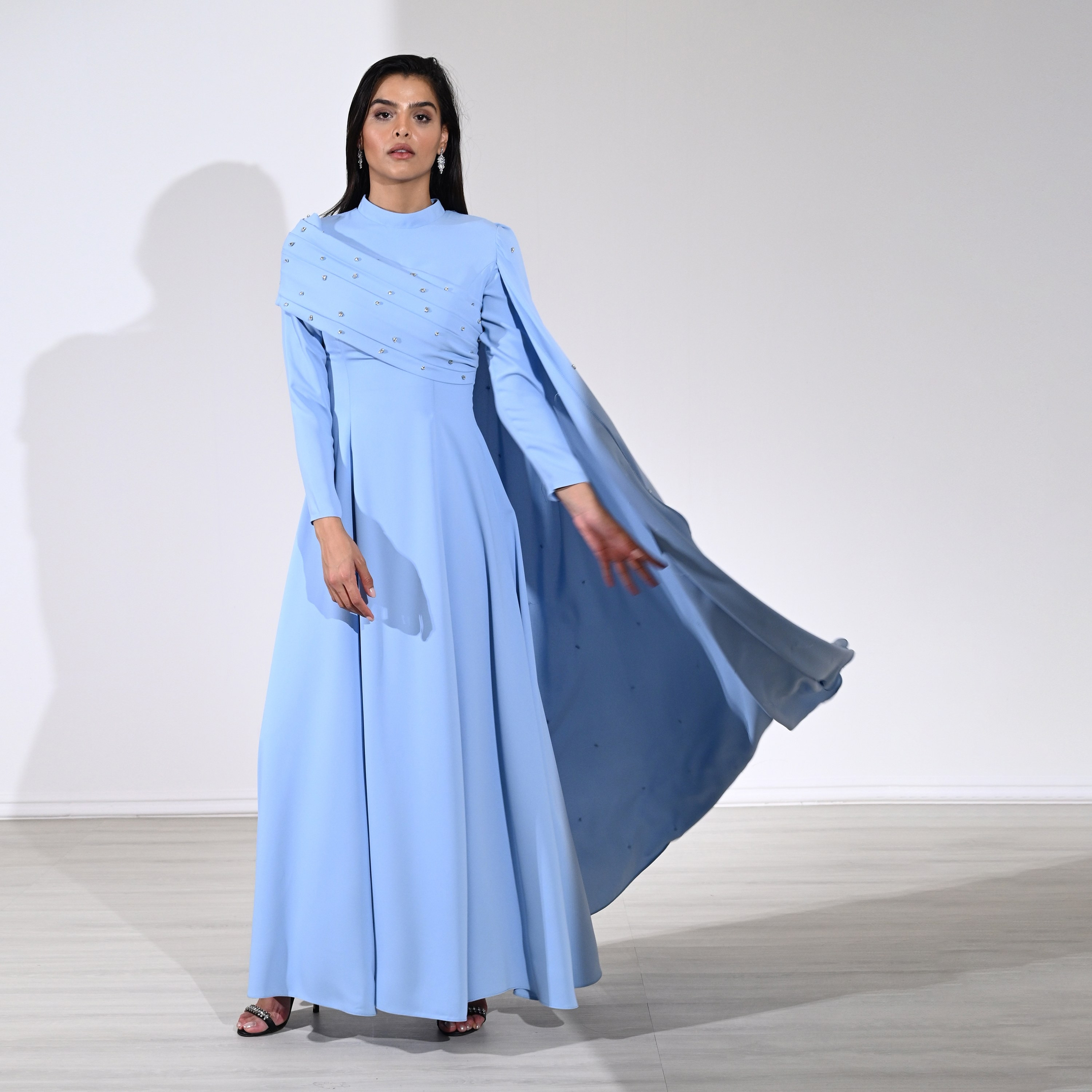 Akadia Crystal Work Crepe Mock Neck Cape Sleeve Fit & Flared Evening Women's Maxi Dress-women-clothing-dresses-image-7