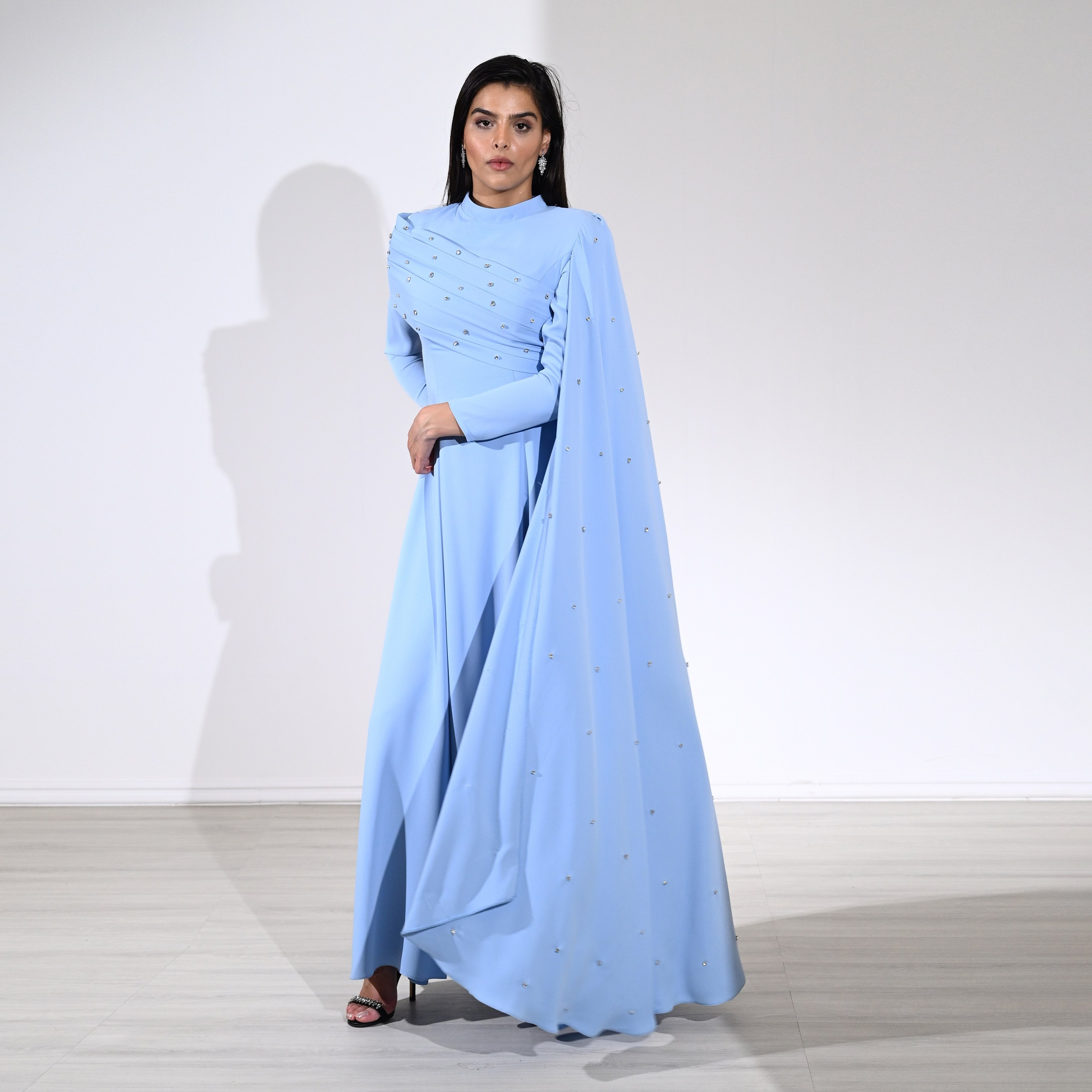 Akadia Crystal Work Crepe Mock Neck Cape Sleeve Fit & Flared Evening Women's Maxi Dress-women-clothing-dresses-image-8