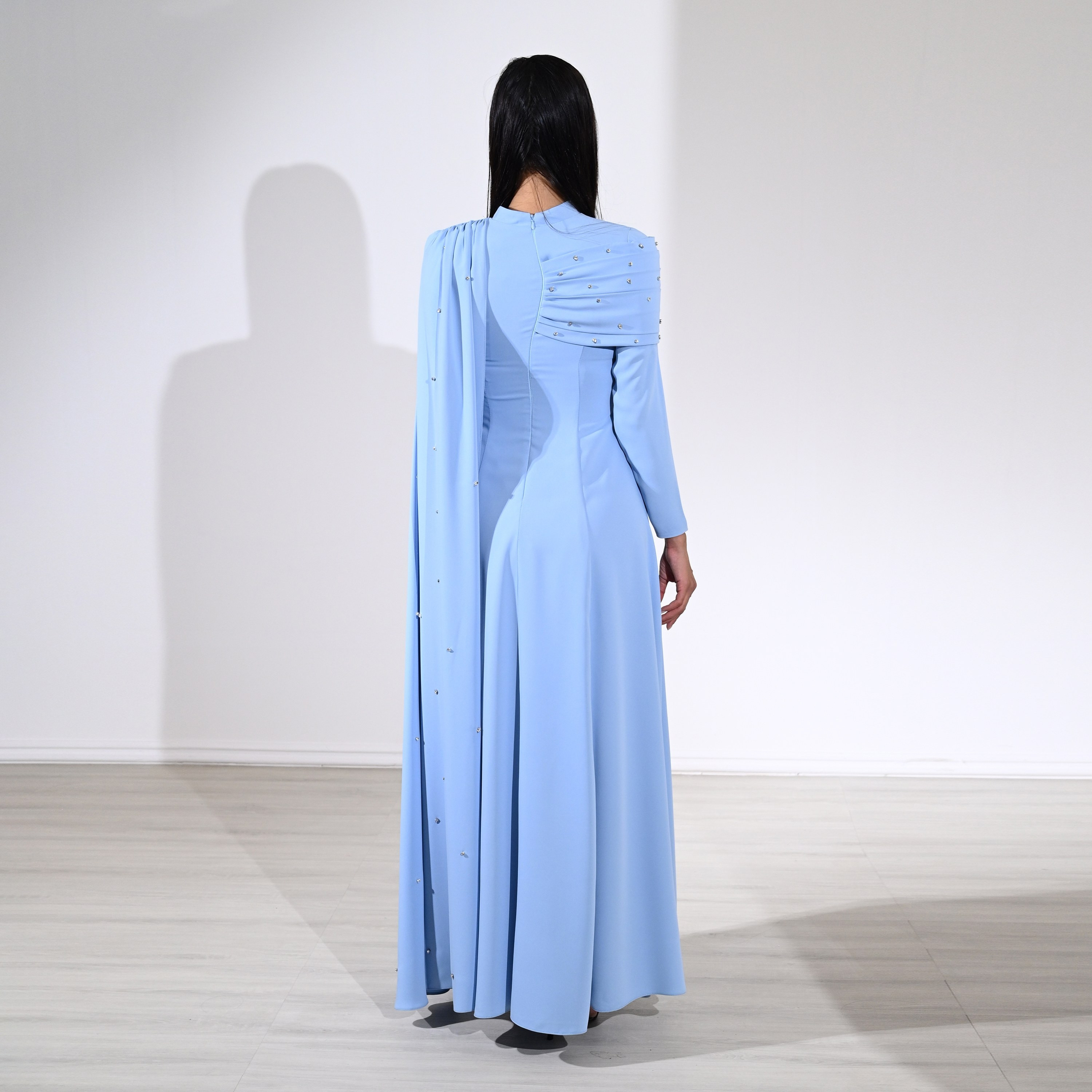 Akadia Crystal Work Crepe Mock Neck Cape Sleeve Fit & Flared Evening Women's Maxi Dress-women-clothing-dresses-image-9