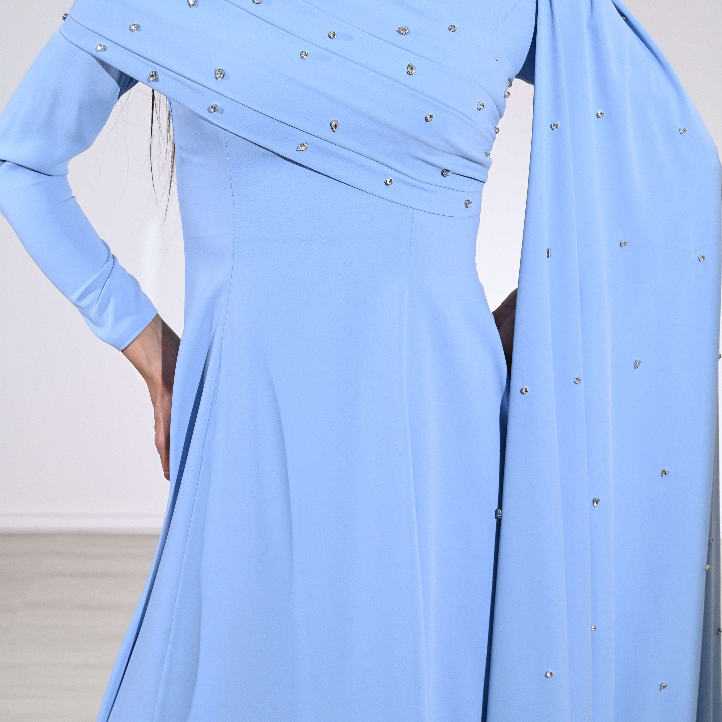 Akadia Crystal Work Crepe Mock Neck Cape Sleeve Fit & Flared Evening Women's Maxi Dress-women-clothing-dresses-image-10