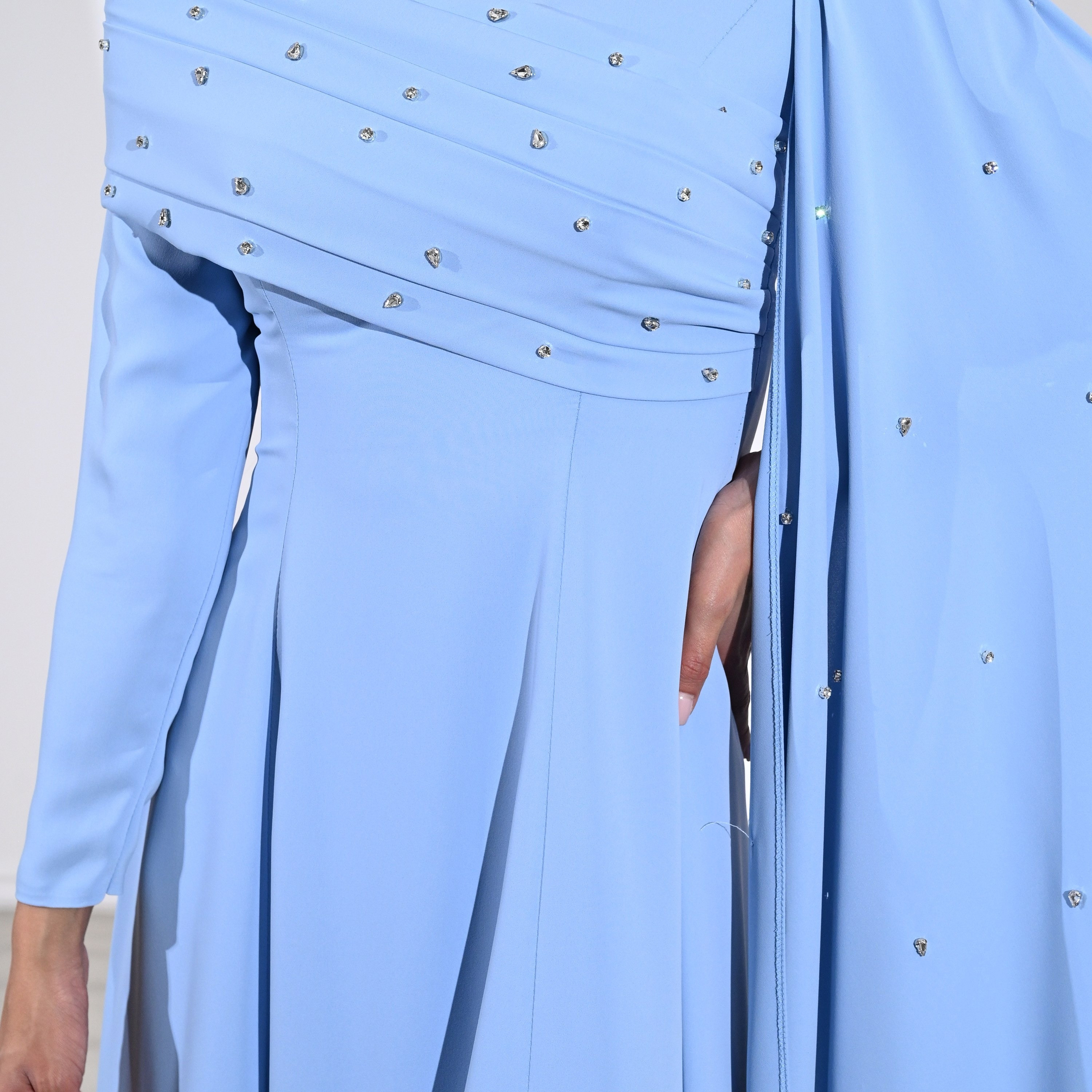 Akadia Crystal Work Crepe Mock Neck Cape Sleeve Fit & Flared Evening Women's Maxi Dress-women-clothing-dresses-image-11