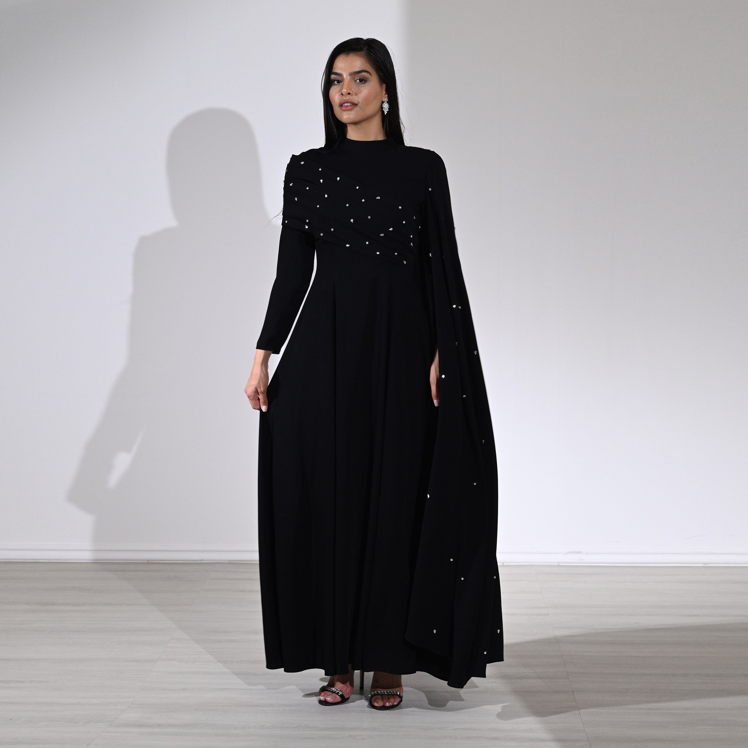 Akadia Crystal Work Crepe Mock Neck Cape Sleeve Fit & Flared Evening Women's Maxi Dress-women-clothing-dresses-image-18