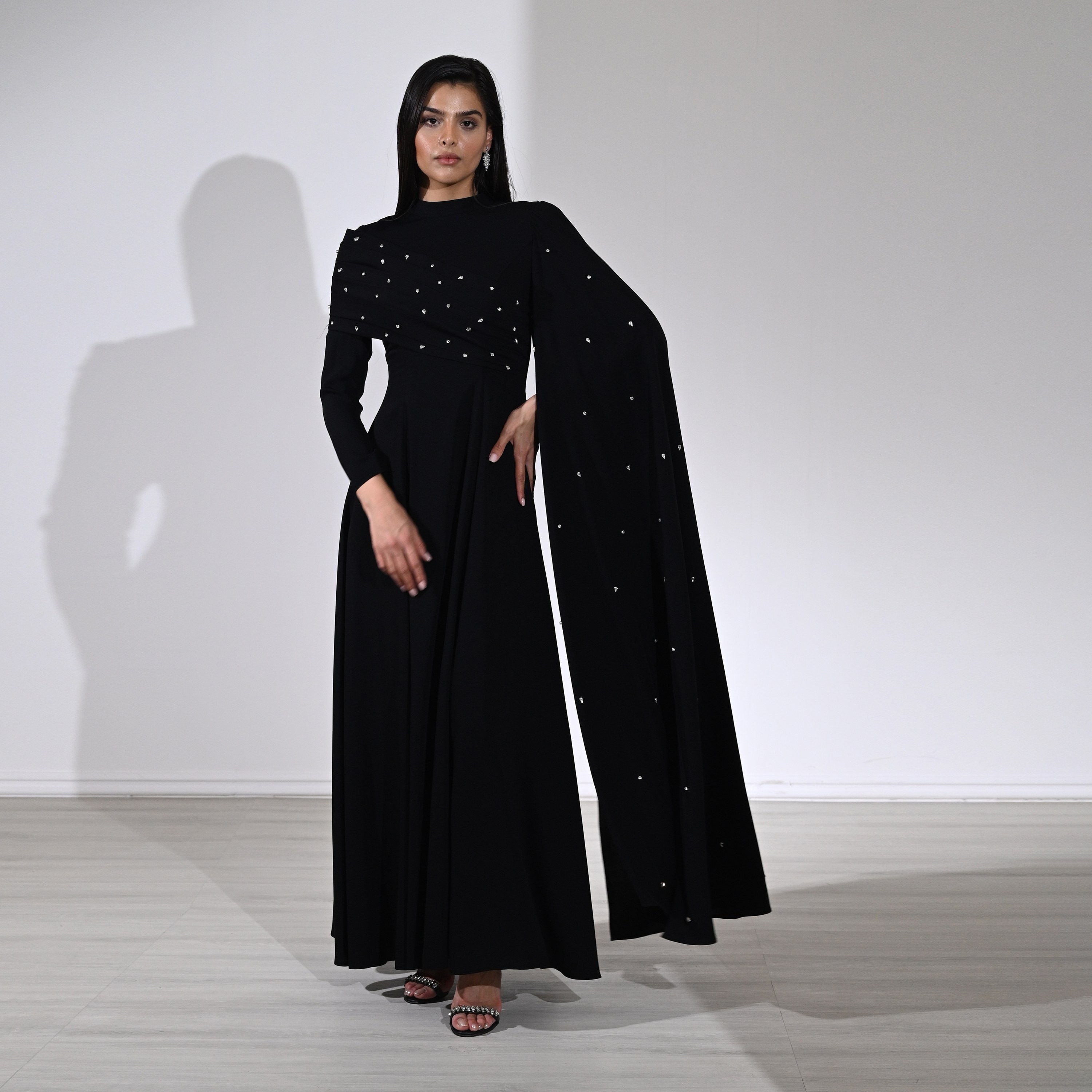 Akadia Crystal Work Crepe Mock Neck Cape Sleeve Fit & Flared Evening Women's Maxi Dress-women-clothing-dresses-image-19