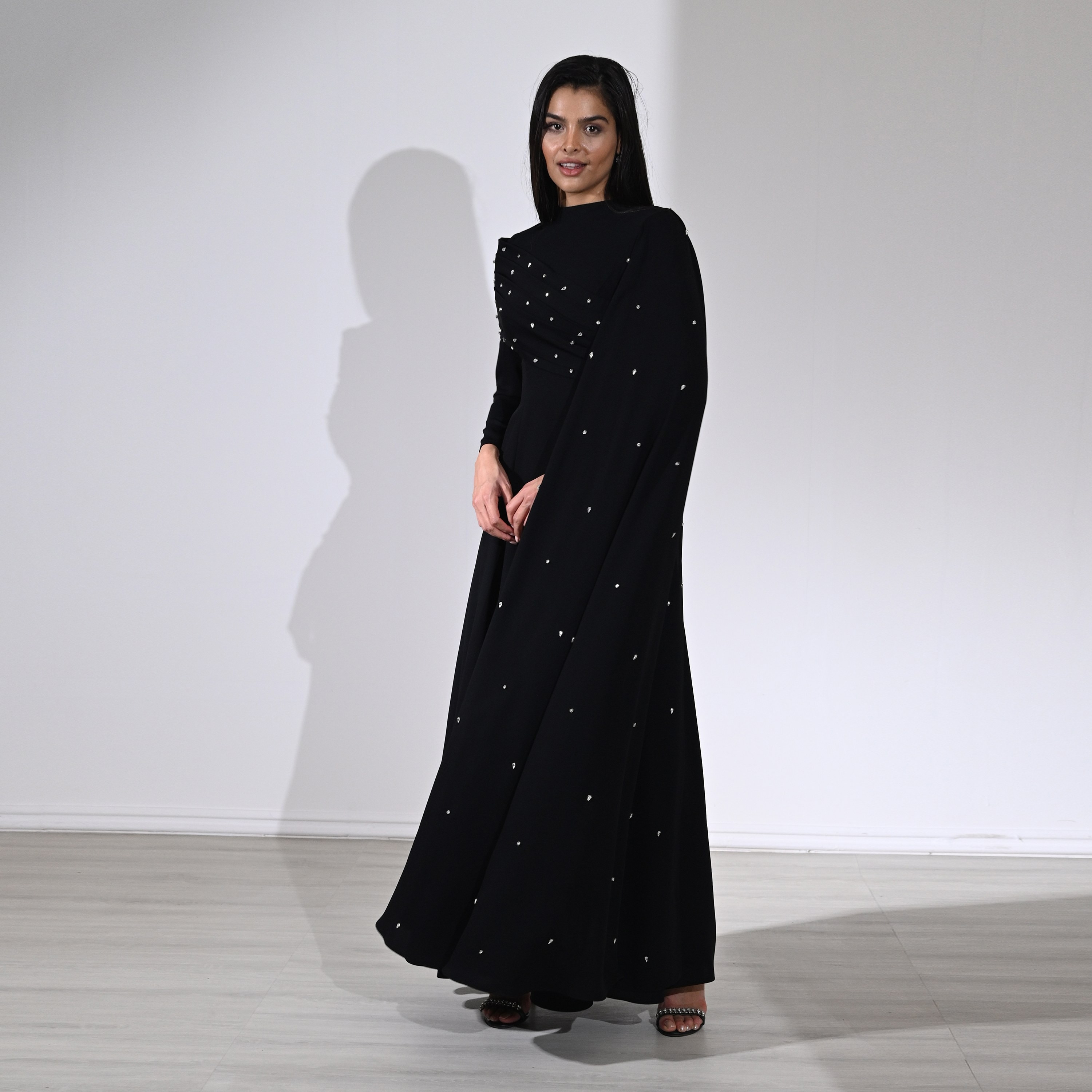 Akadia Crystal Work Crepe Mock Neck Cape Sleeve Fit & Flared Evening Women's Maxi Dress-women-clothing-dresses-image-20