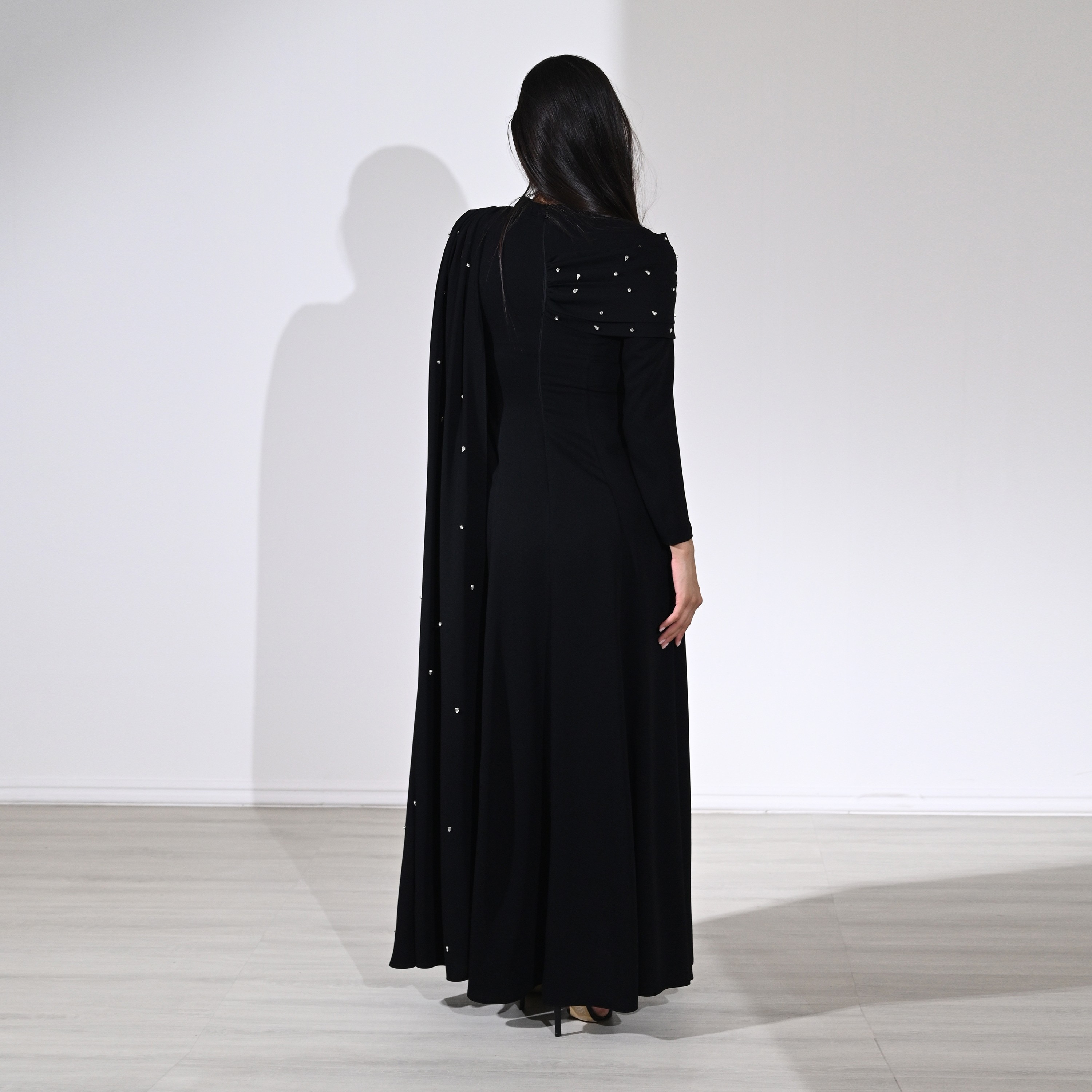 Akadia Crystal Work Crepe Mock Neck Cape Sleeve Fit & Flared Evening Women's Maxi Dress-women-clothing-dresses-image-21
