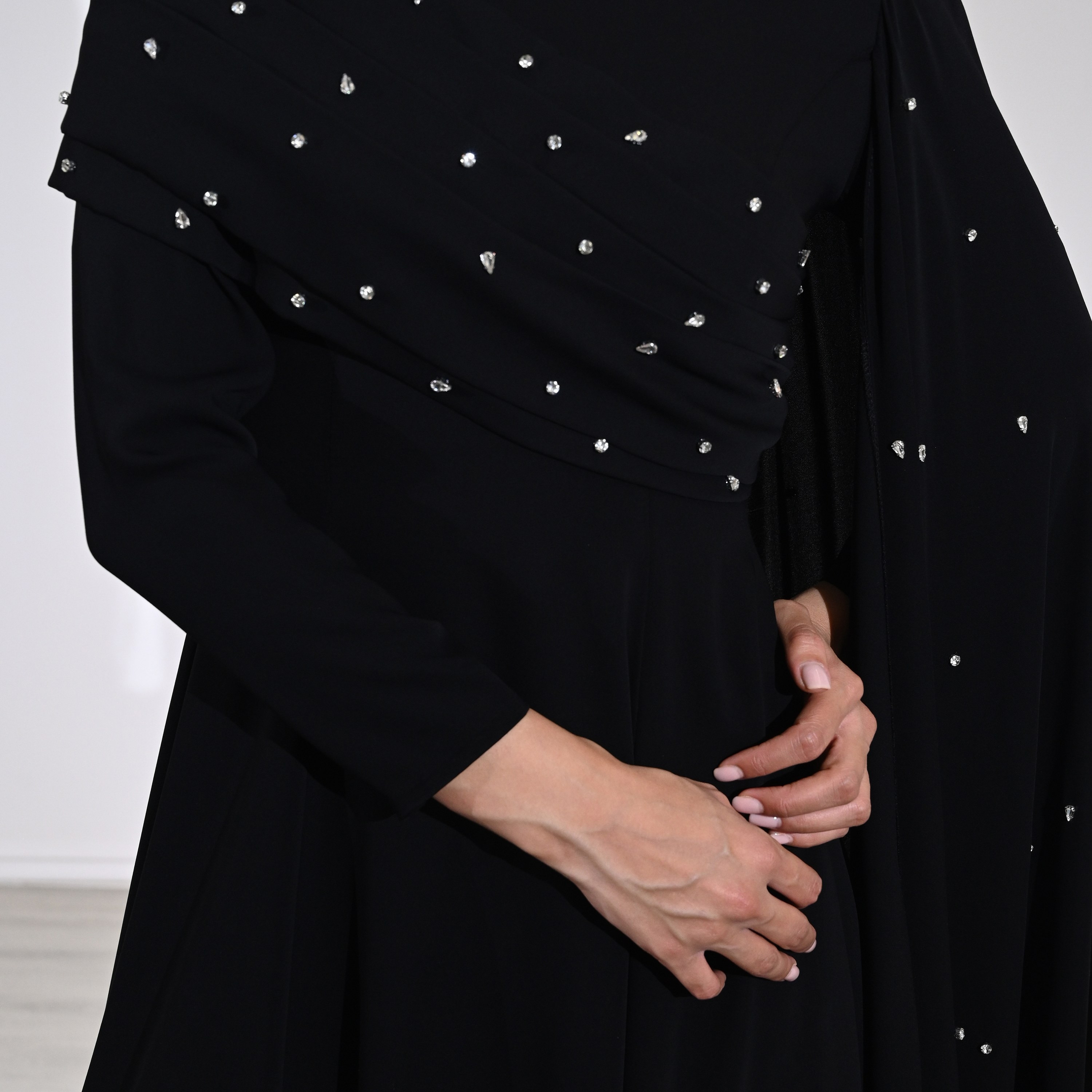 Akadia Crystal Work Crepe Mock Neck Cape Sleeve Fit & Flared Evening Women's Maxi Dress-women-clothing-dresses-image-23