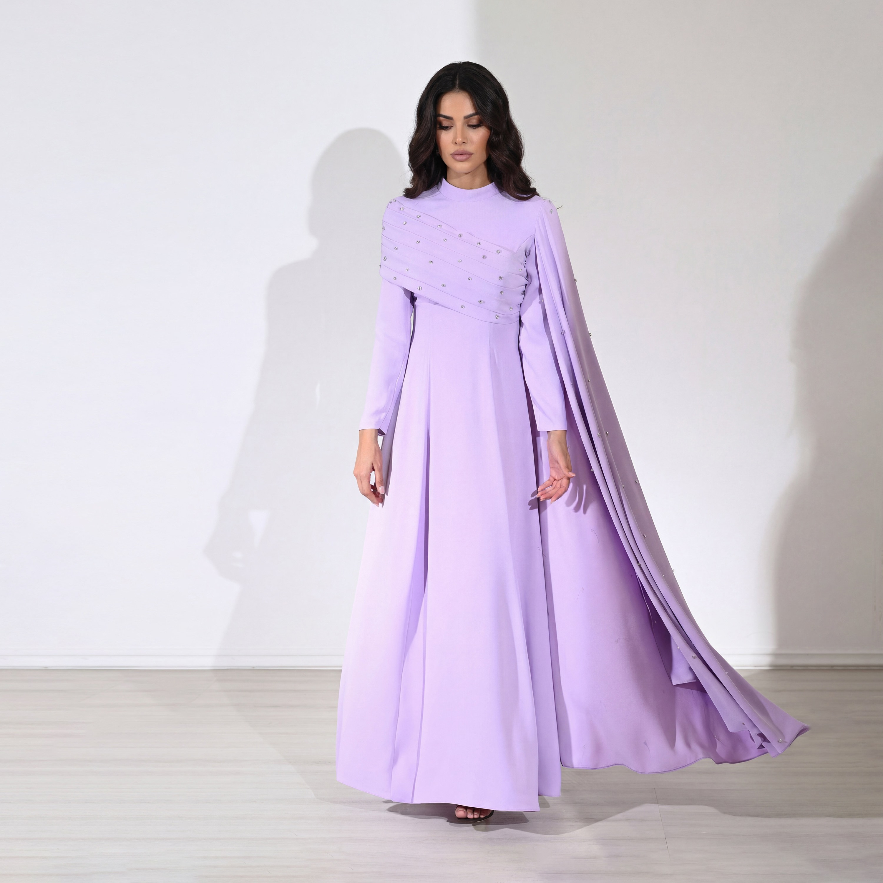 Akadia Crystal Work Crepe Mock Neck Cape Sleeve Fit & Flared Evening Women's Maxi Dress-women-clothing-dresses-image-1