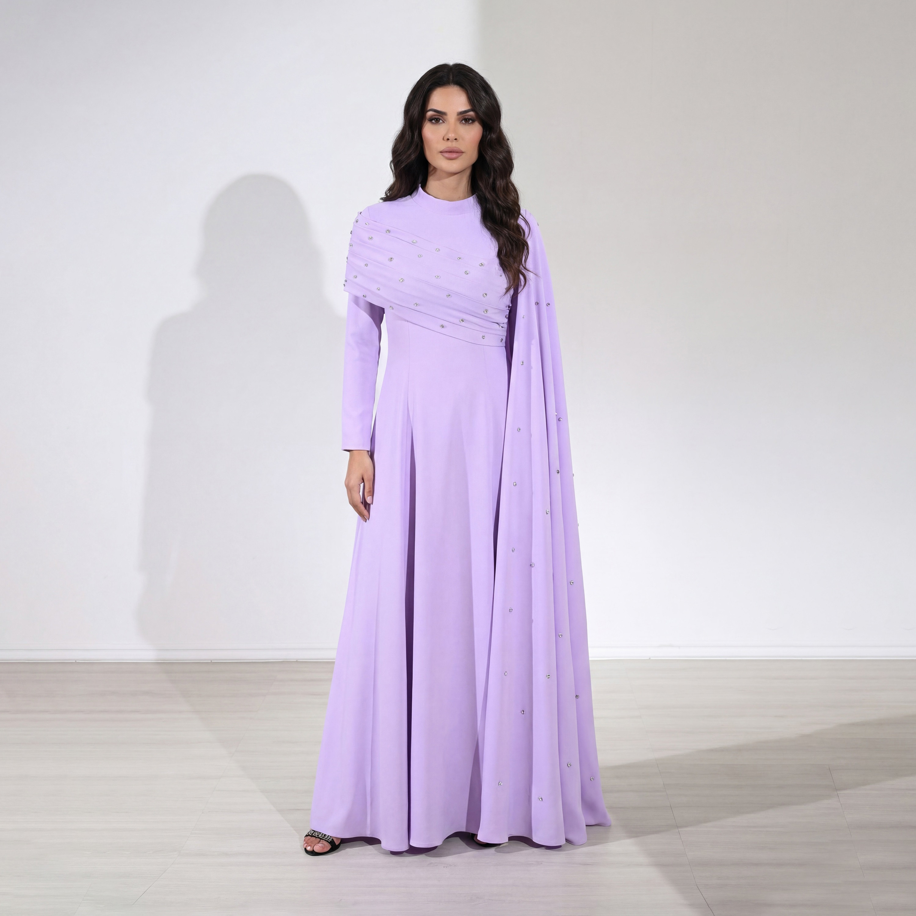 Akadia Crystal Work Crepe Mock Neck Cape Sleeve Fit & Flared Evening Women's Maxi Dress-women-clothing-dresses-image-2