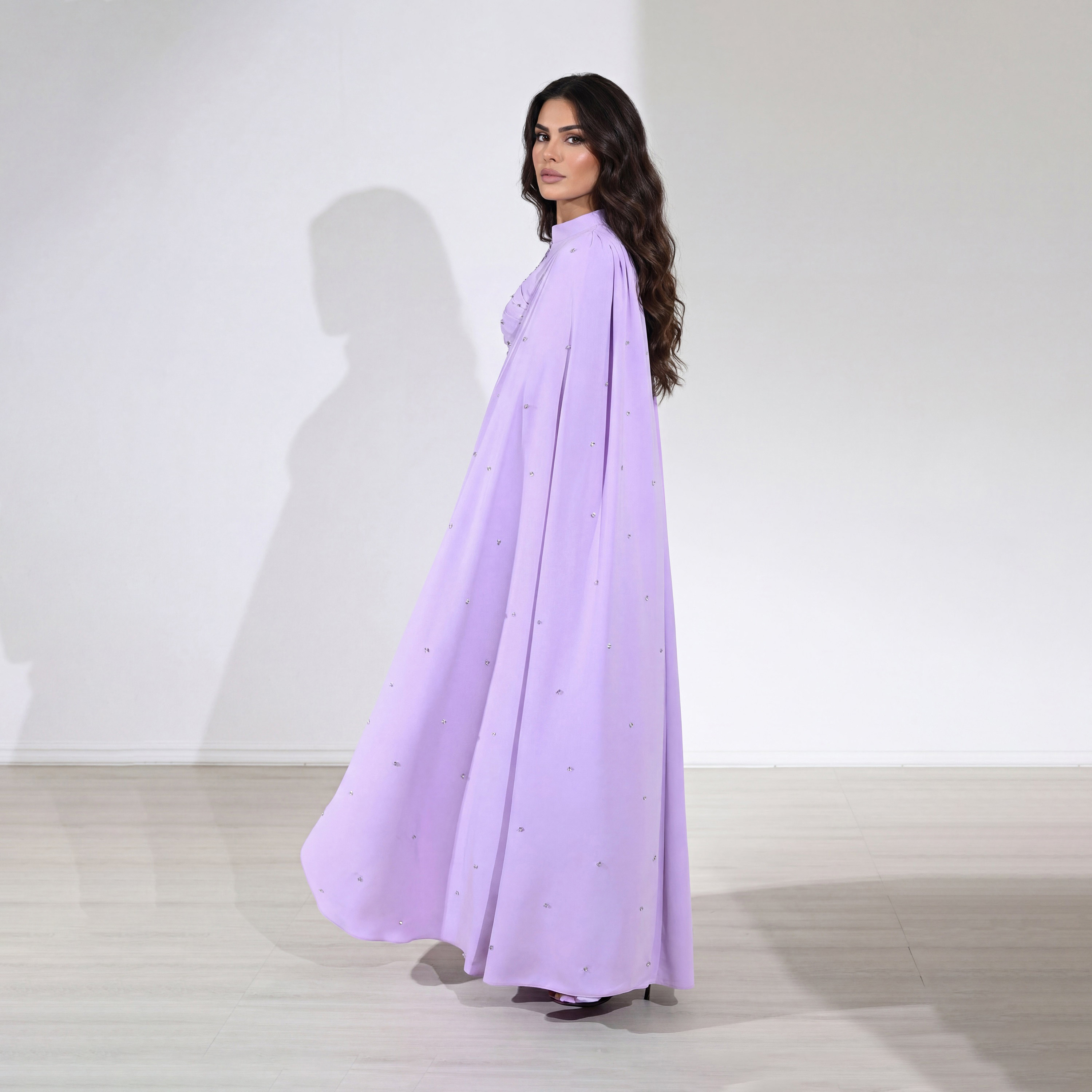 Akadia Crystal Work Crepe Mock Neck Cape Sleeve Fit & Flared Evening Women's Maxi Dress-women-clothing-dresses-image-3