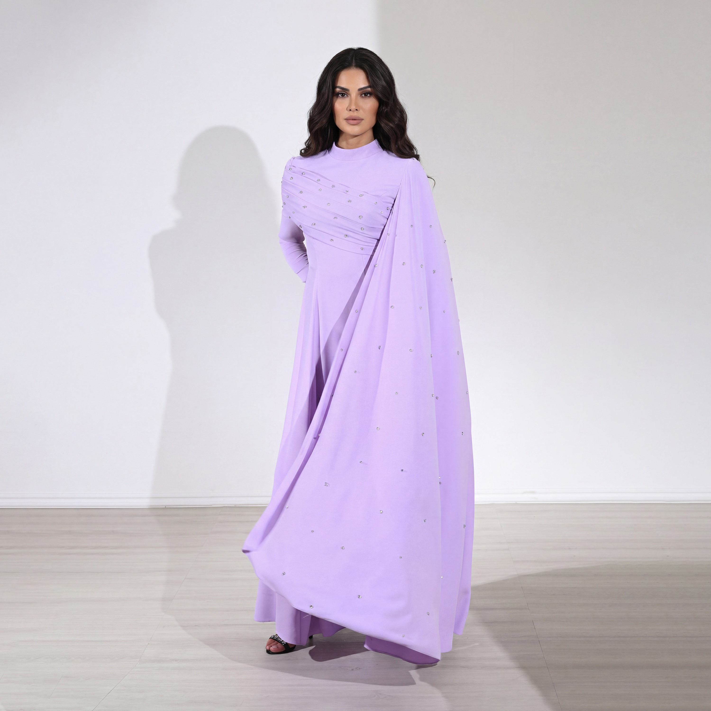 Akadia Crystal Work Crepe Mock Neck Cape Sleeve Fit & Flared Evening Women's Maxi Dress-women-clothing-dresses-image-4