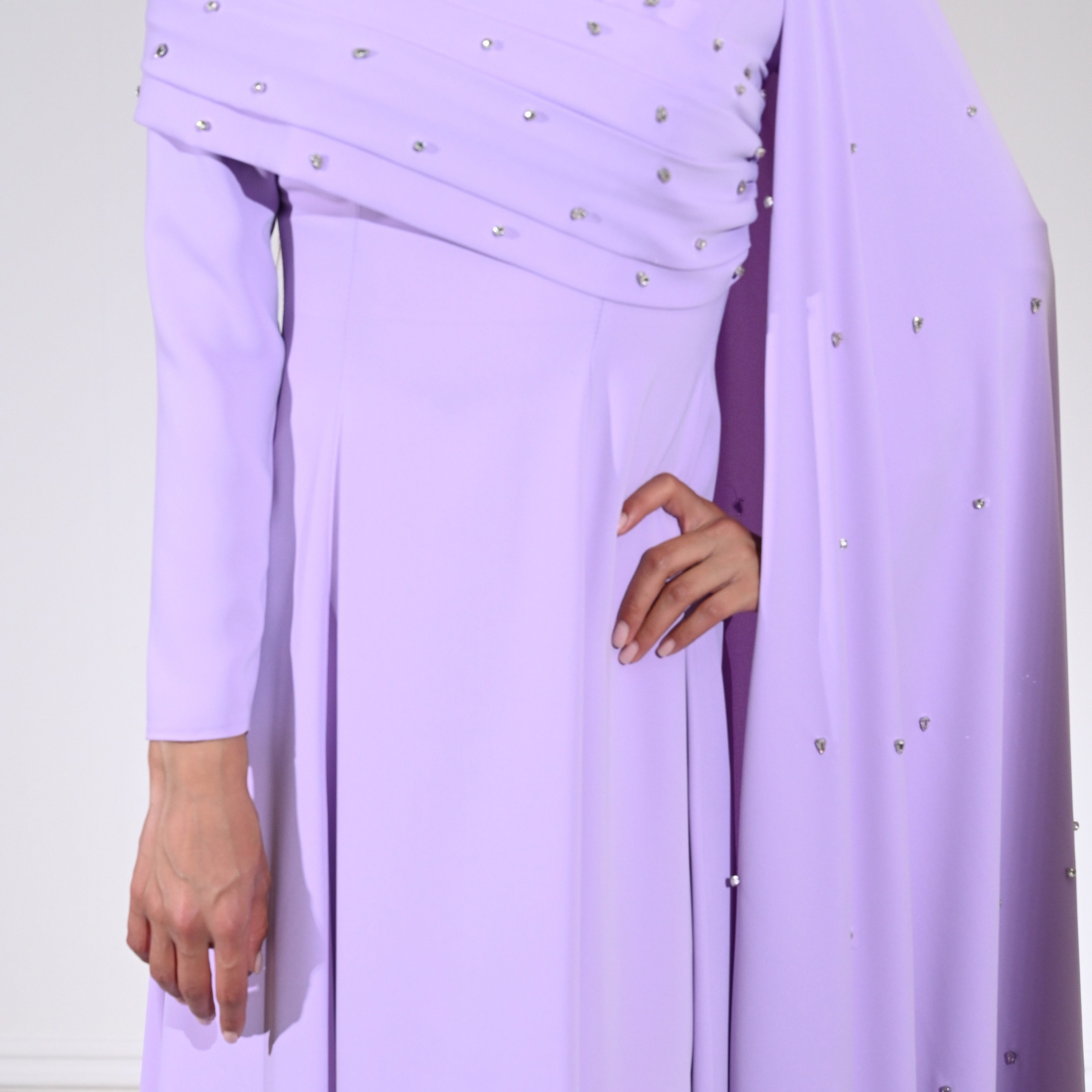 Akadia Crystal Work Crepe Mock Neck Cape Sleeve Fit & Flared Evening Women's Maxi Dress-women-clothing-dresses-image-5