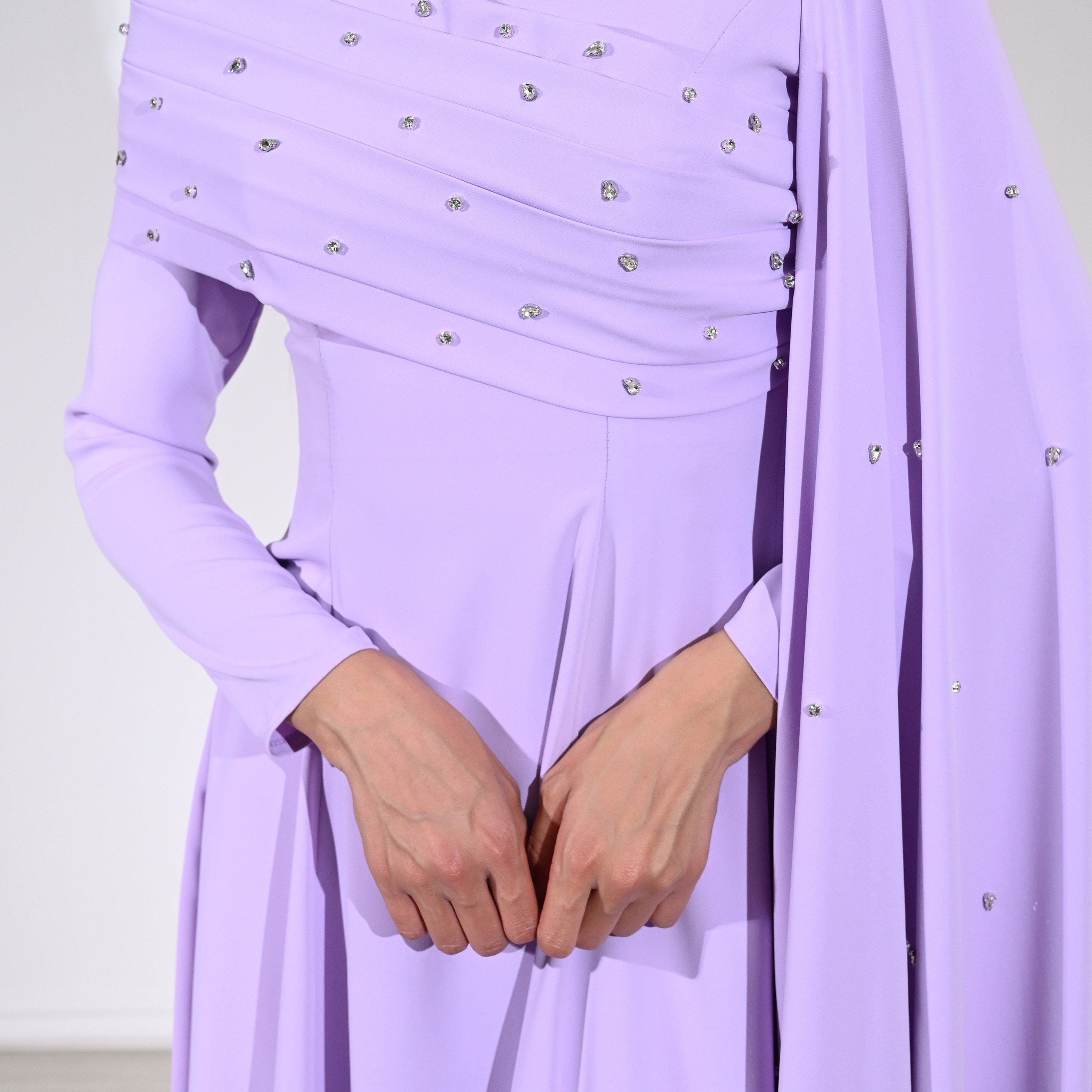 Akadia Crystal Work Crepe Mock Neck Cape Sleeve Fit & Flared Evening Women's Maxi Dress-women-clothing-dresses-image-6
