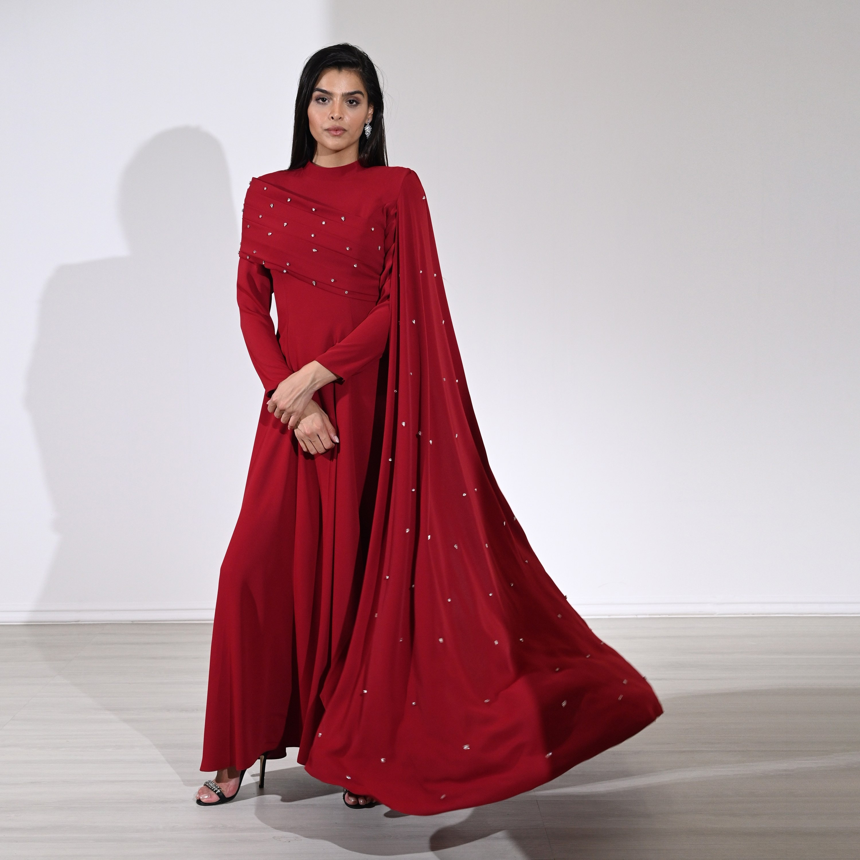 Akadia Crystal Work Crepe Mock Neck Cape Sleeve Fit & Flared Evening Women's Maxi Dress-women-clothing-dresses-image-12