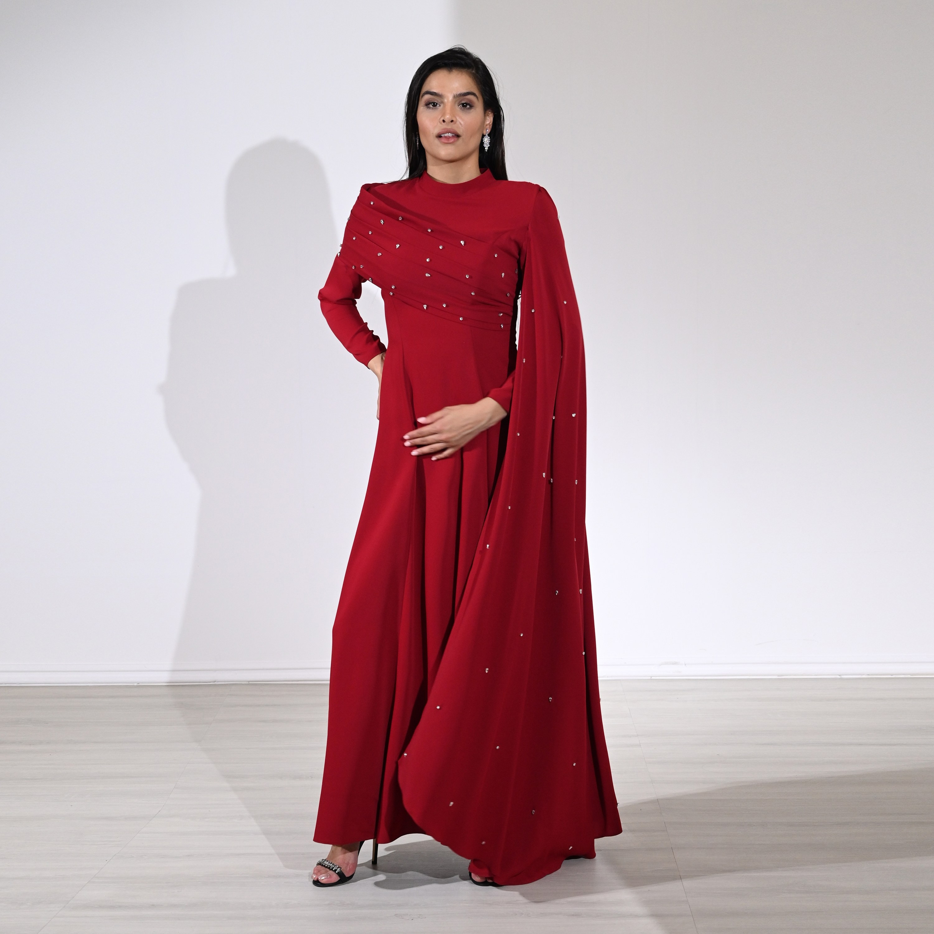 Akadia Crystal Work Crepe Mock Neck Cape Sleeve Fit & Flared Evening Women's Maxi Dress-women-clothing-dresses-image-13
