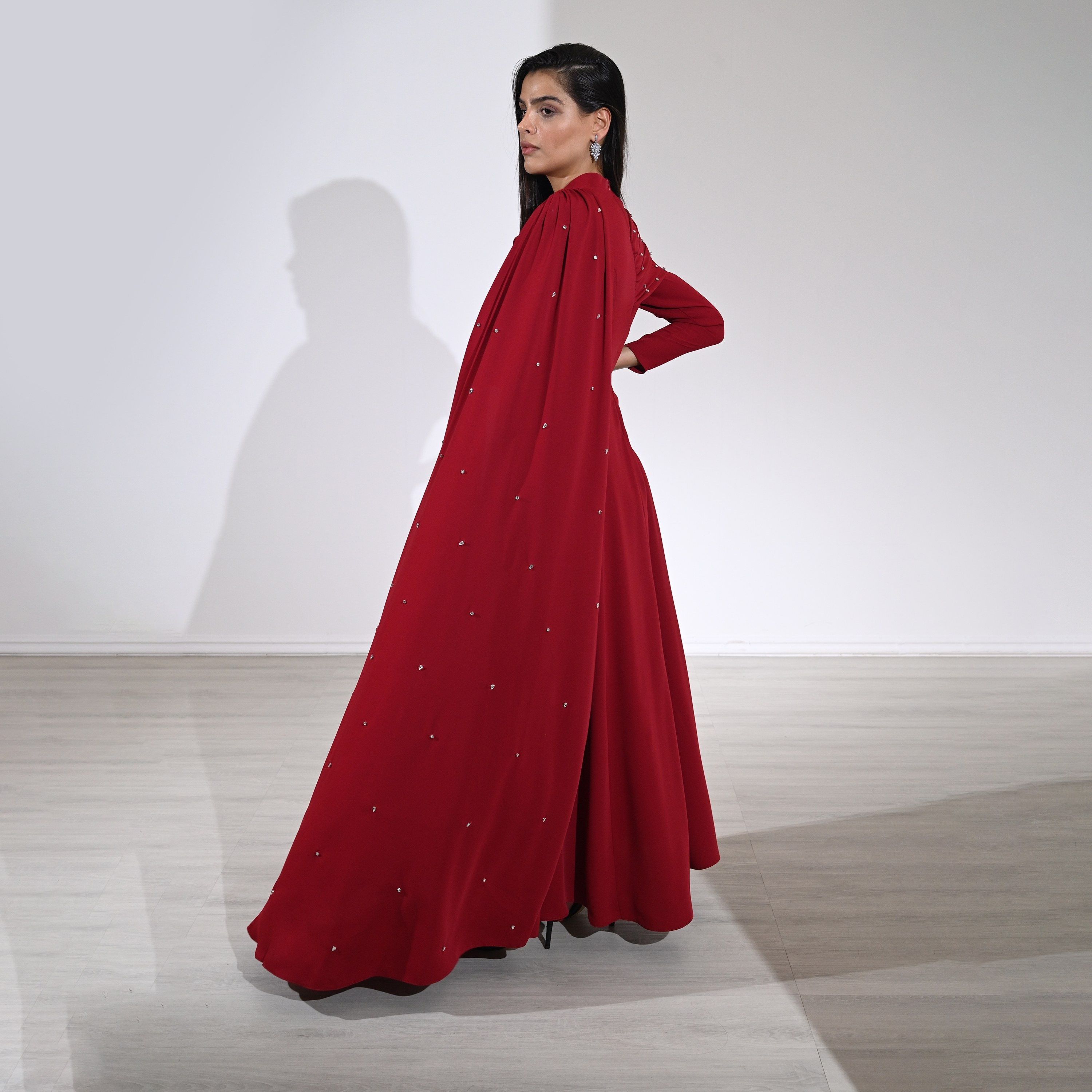 Akadia Crystal Work Crepe Mock Neck Cape Sleeve Fit & Flared Evening Women's Maxi Dress-women-clothing-dresses-image-14