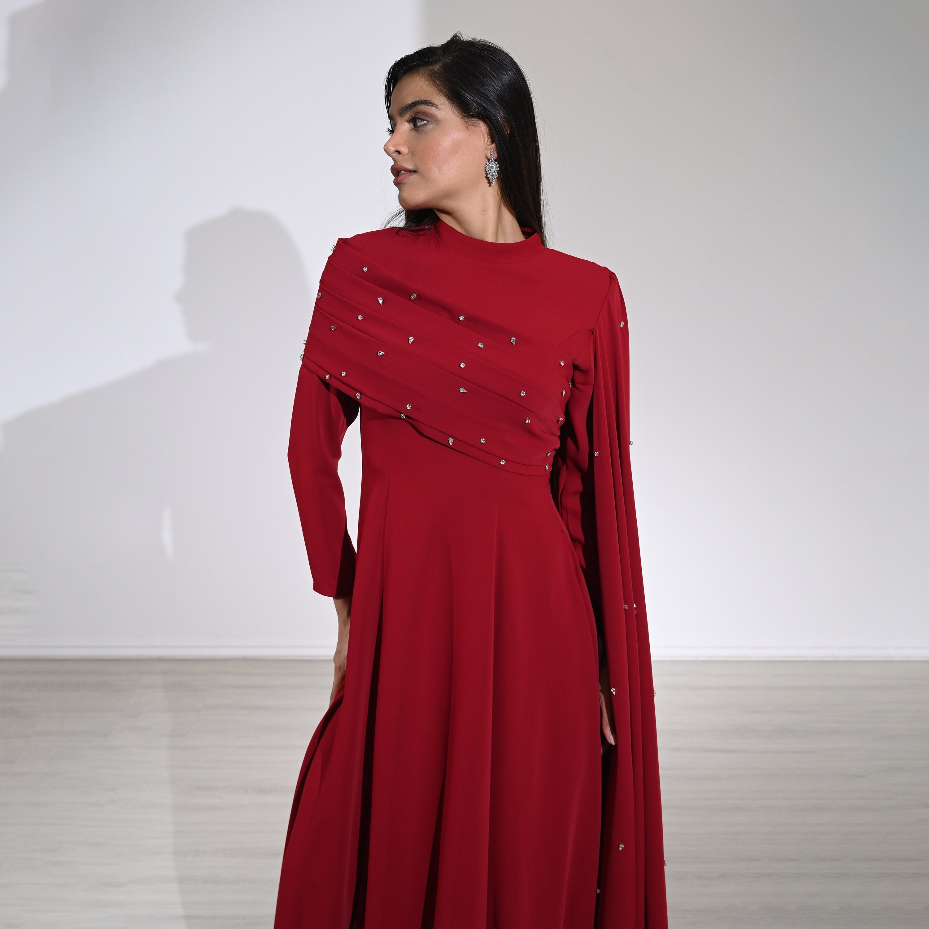 Akadia Crystal Work Crepe Mock Neck Cape Sleeve Fit & Flared Evening Women's Maxi Dress-women-clothing-dresses-image-15